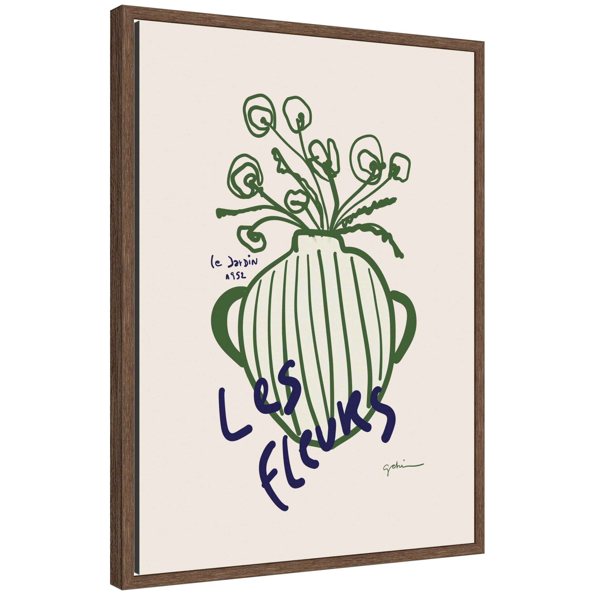 Le Jardin by Gabrielly Guedes framed canvas wall art print in walnut brown frame showing abstract floral design