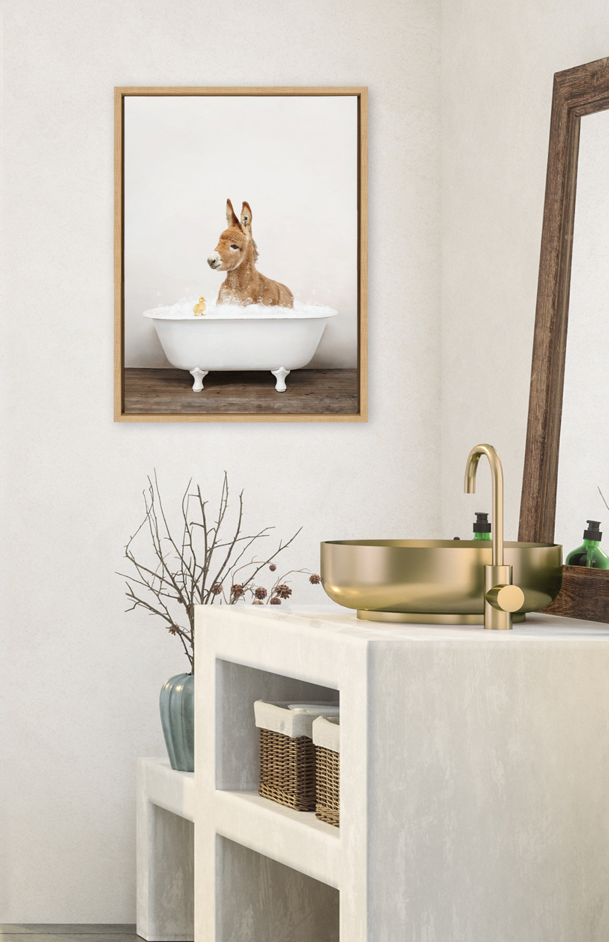 Sylvie Baby Donkey in Rustic Bath Framed Canvas by Amy Peterson Art Studio