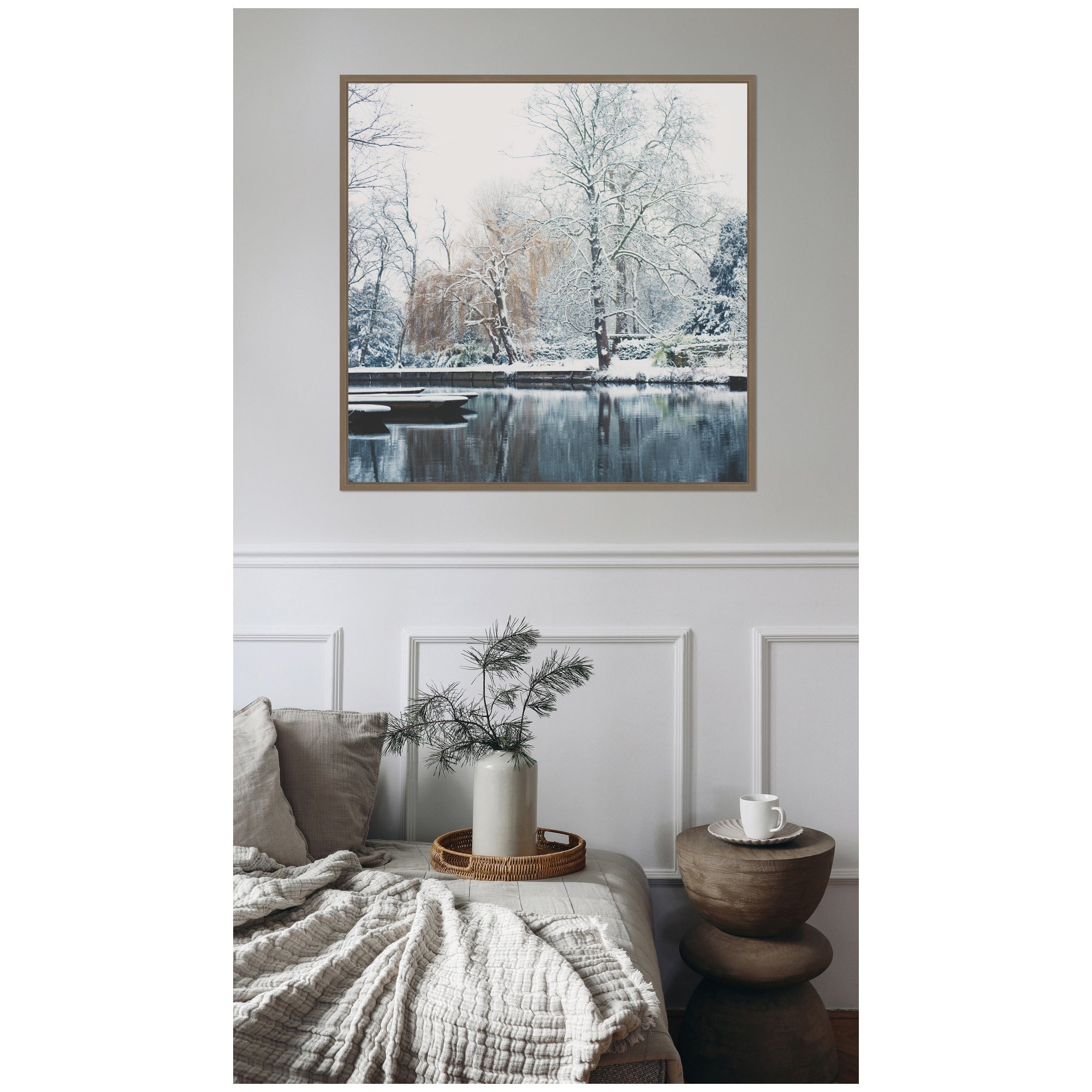 Sylvie Framed Canvas Snow Covered Punts on the River Cam by Laura Evans
