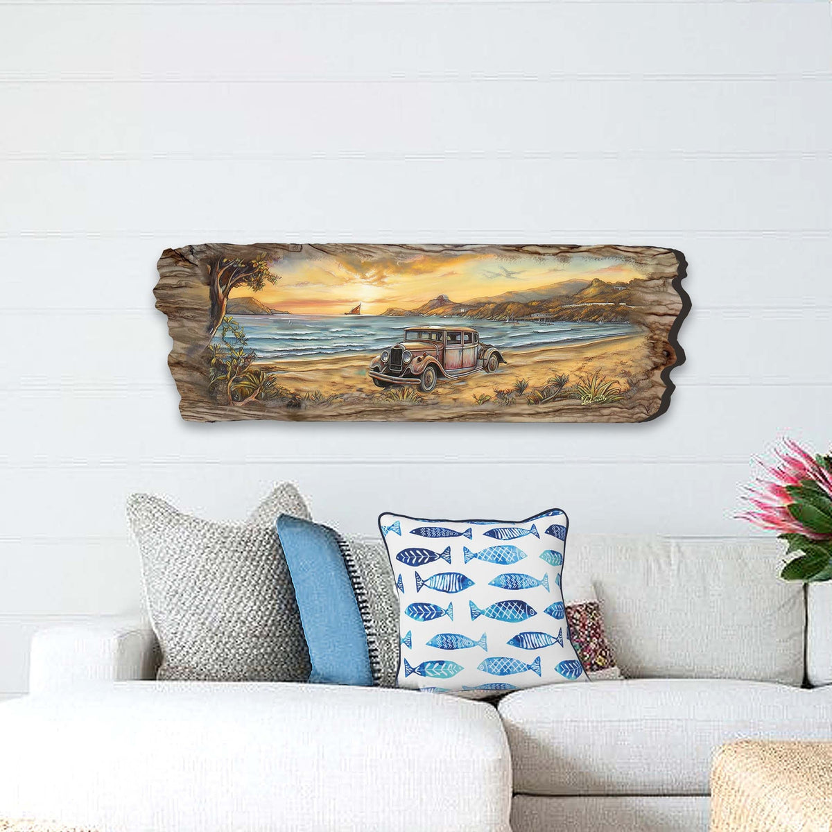 Vintage Car at the Beach Wooden Wall Art by G. DeBrekht
