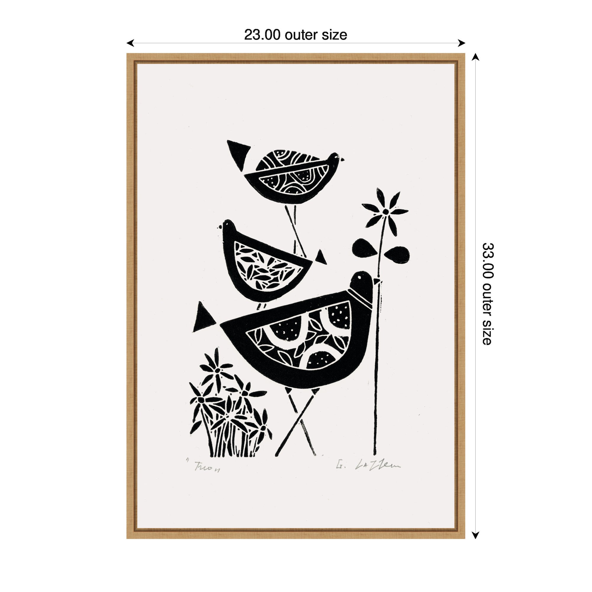 Sylvie Folk Bird Family Trio Linocut Framed Canvas by Giuliana Lazzerini