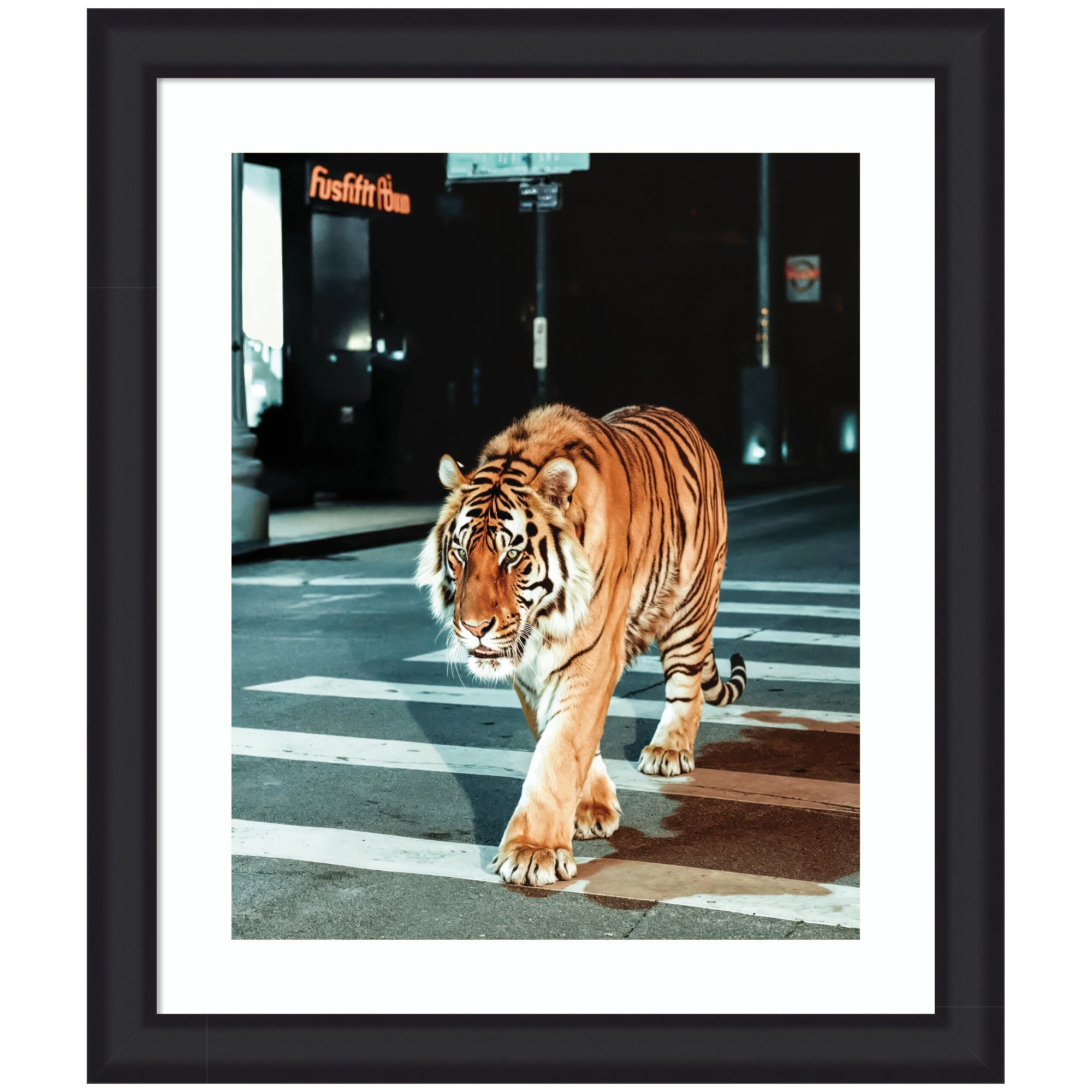 Framed art piece of a tiger crossing an urban crosswalk at night under streetlights