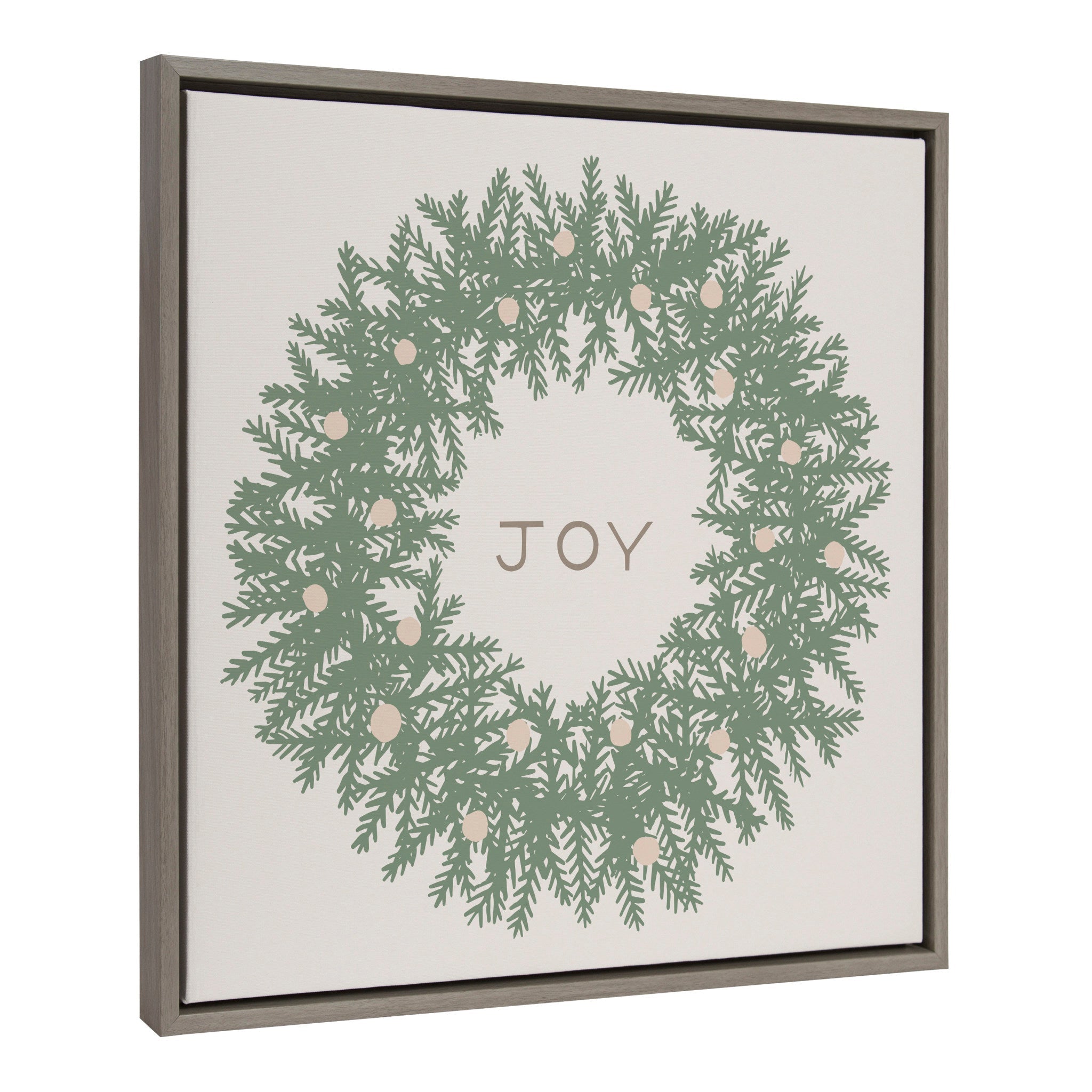 Sylvie Joy Wreath Green Framed Canvas by Hannah Beisang showing a green wreath with the word 'Joy' inside on a gray polystyrene frame