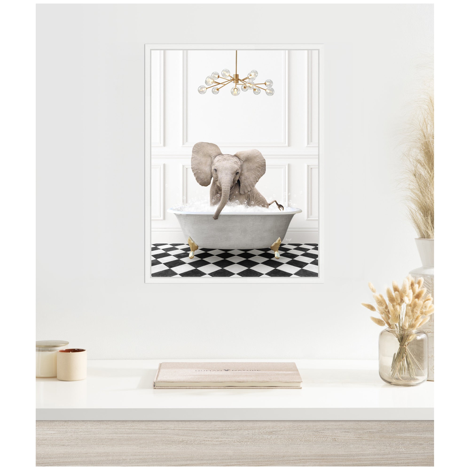 Sylvie Elephant in Gray Bathtub on Checker Floor Framed Canvas by Amy Peterson