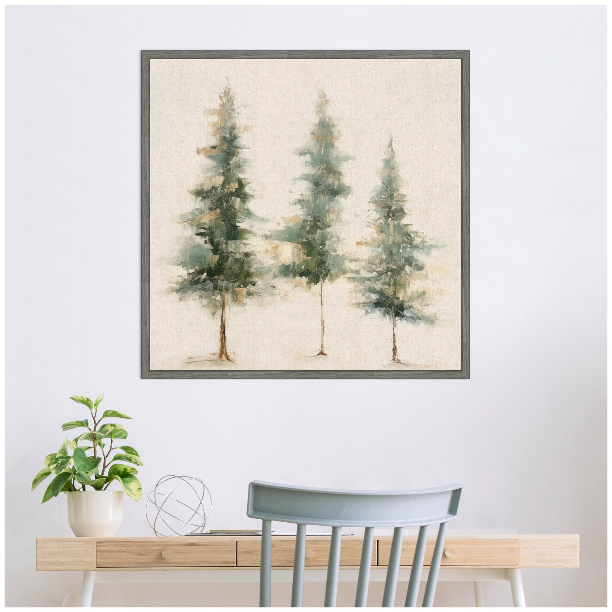 Sylvie Abstract Forest Evergreen Trees on Neutral Linen Framed Canvas