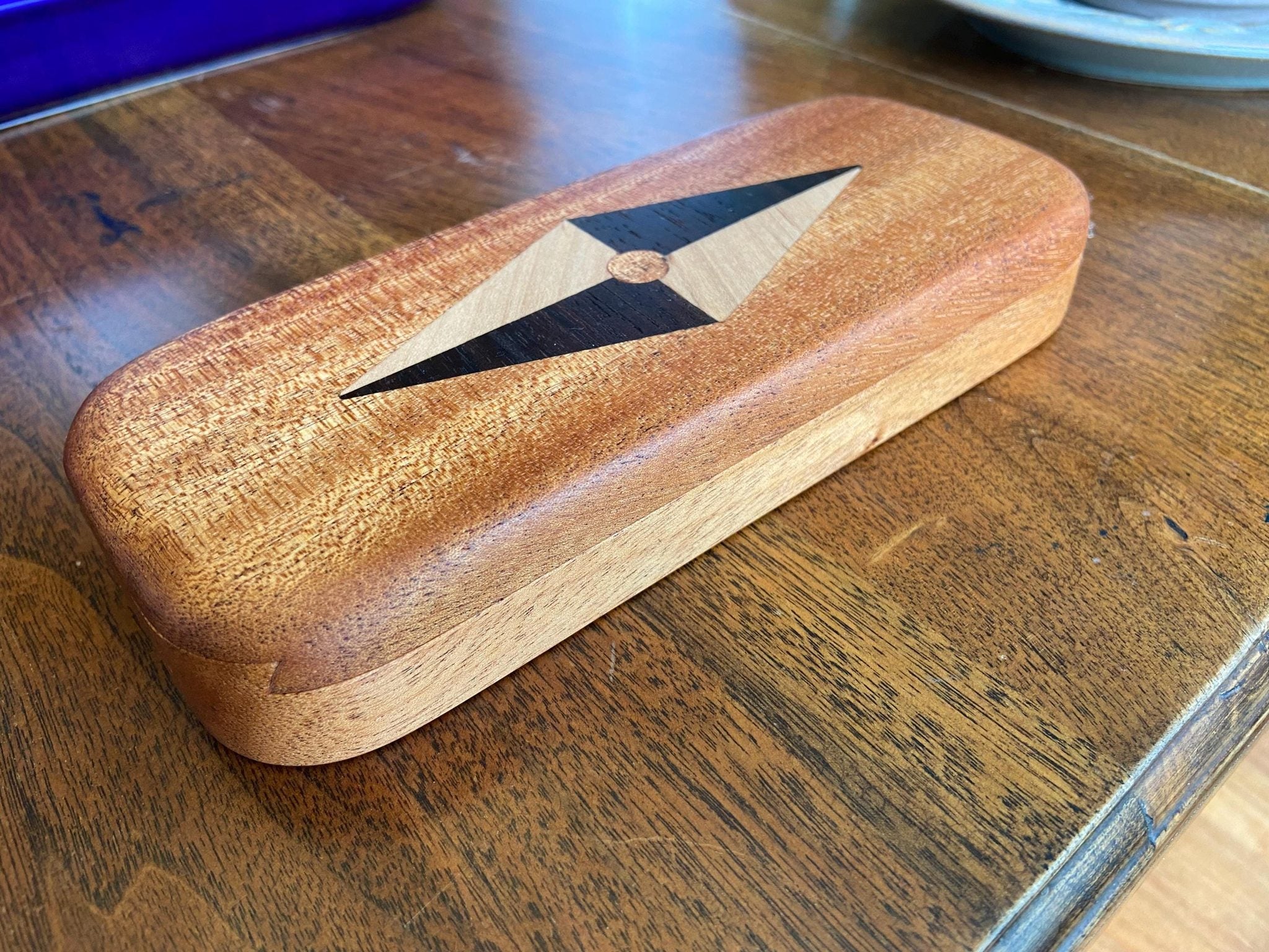 Handcrafted hardwood keepsake box with wood inlay, 8.25 by 3.25 inches