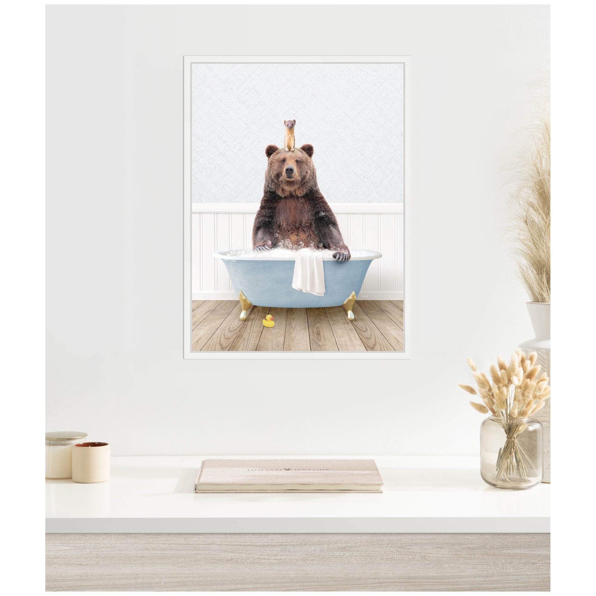 Sylvie Bear and Weasel in Cottage Blue Bathtub Framed Canvas by Amy Peterson
