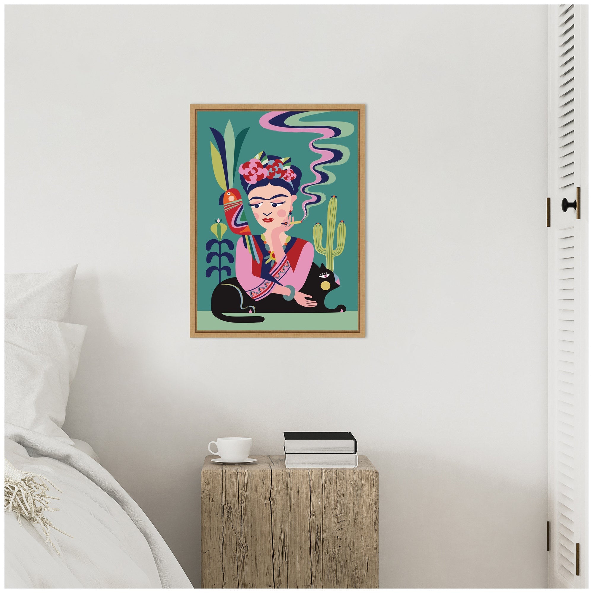 Sylvie Frida Kahlo and the Black Cat Framed Canvas by Rachel Lee