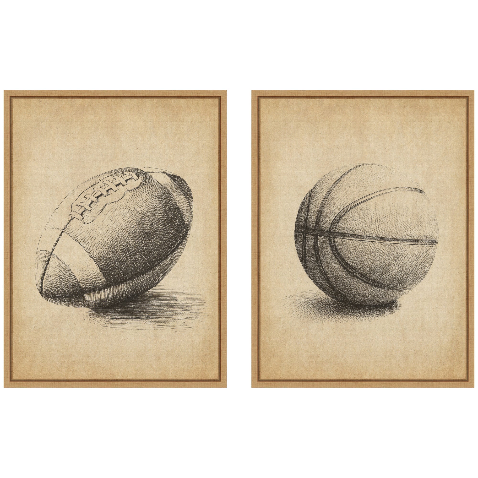 Framed two-piece vintage football and basketball canvas wall art set