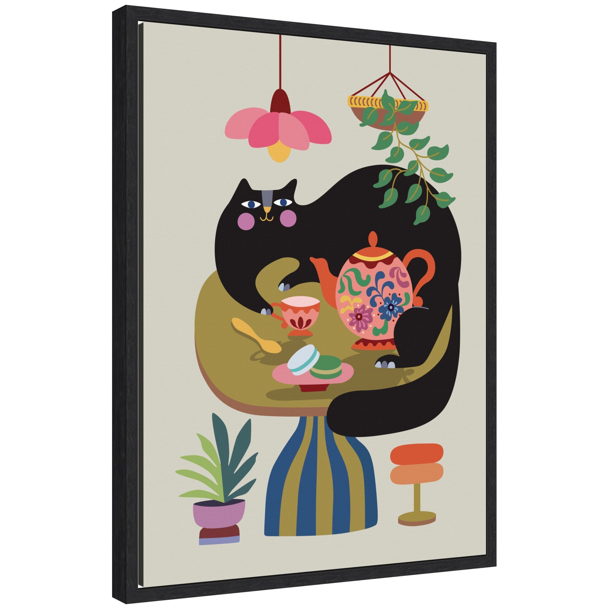 Framed canvas art titled 'Sylvie Fat Cat Tea Party' by Rachel Lee featuring a whimsical scene with an animal subject