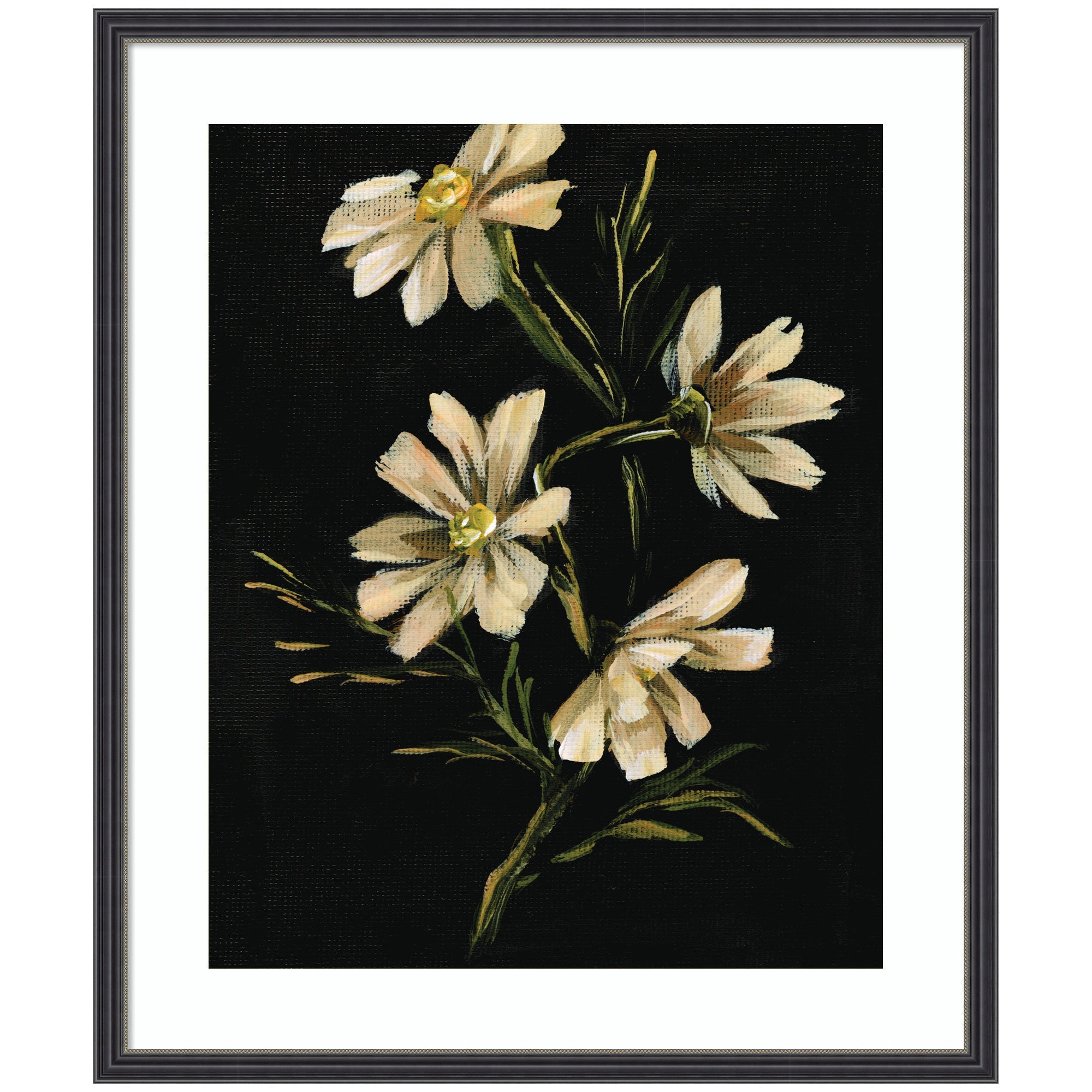Framed Art Moody Floral 4 by Annie Quigley featuring four delicate light-petaled flowers against a dark background in a sleek black narrow frame.