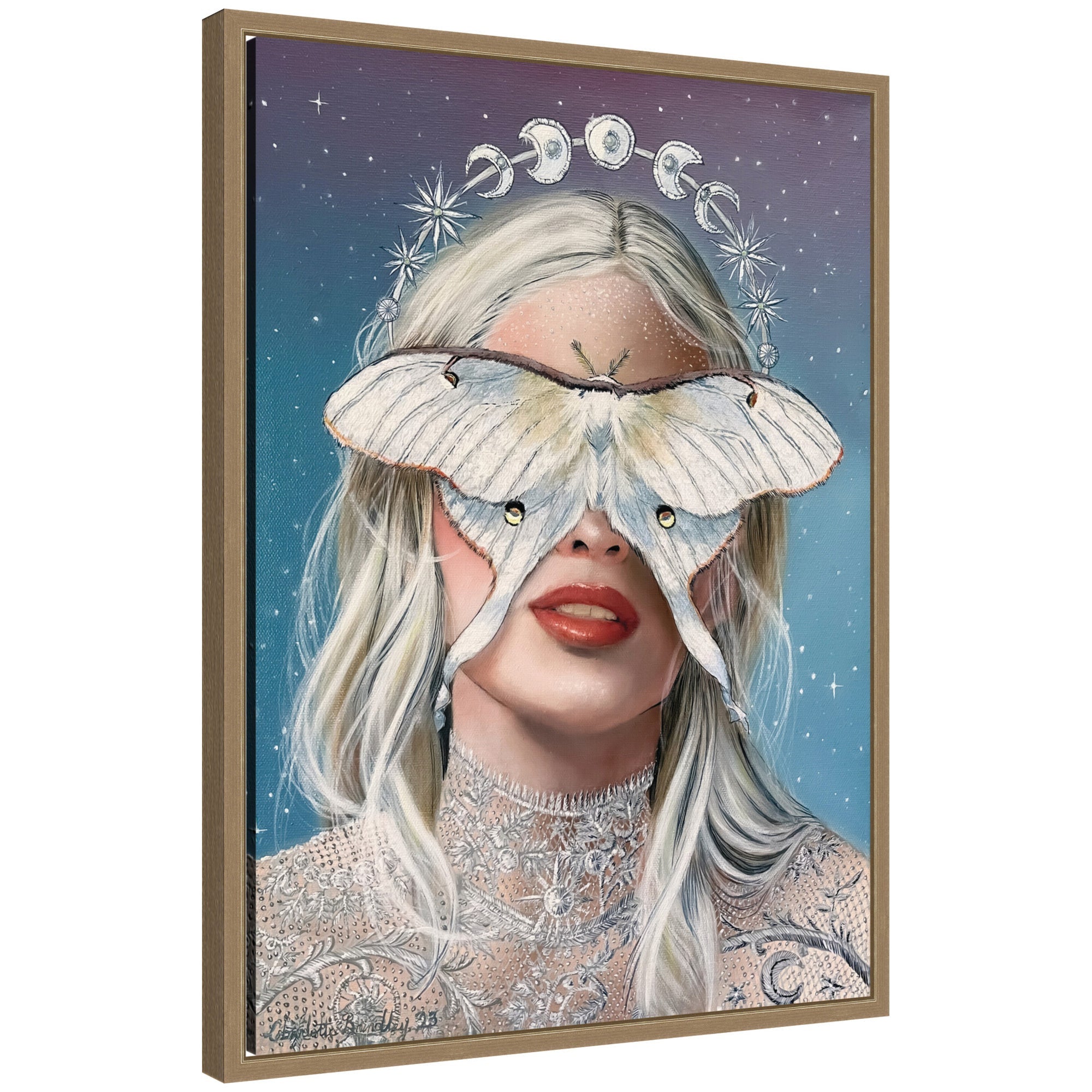 Moon Witch by Charlotte Brindley framed canvas canvas wall art with a dark gold frame