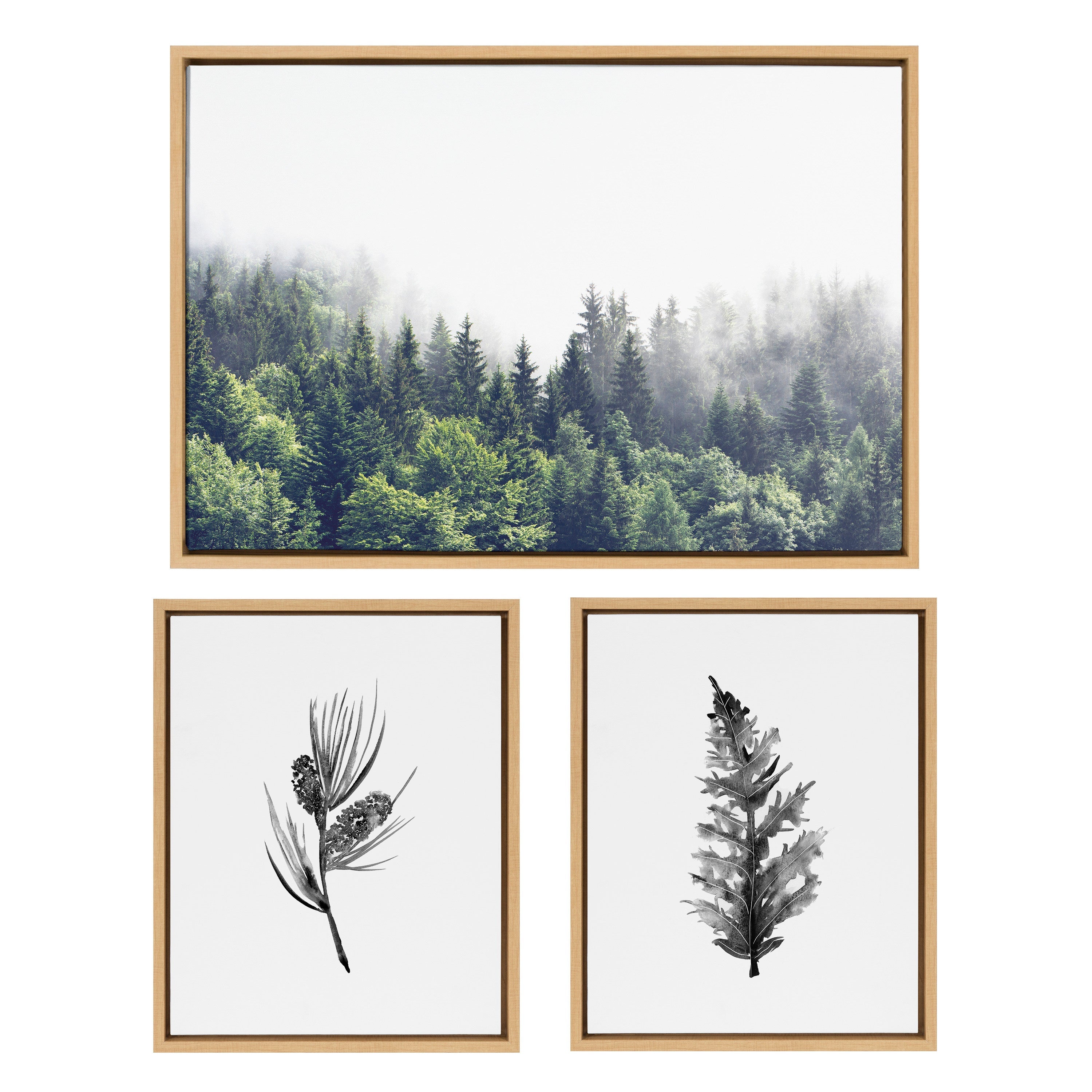 Sylvie Lush Green Forest and Vintage Botanical framed canvas art set displayed in a modern room setting