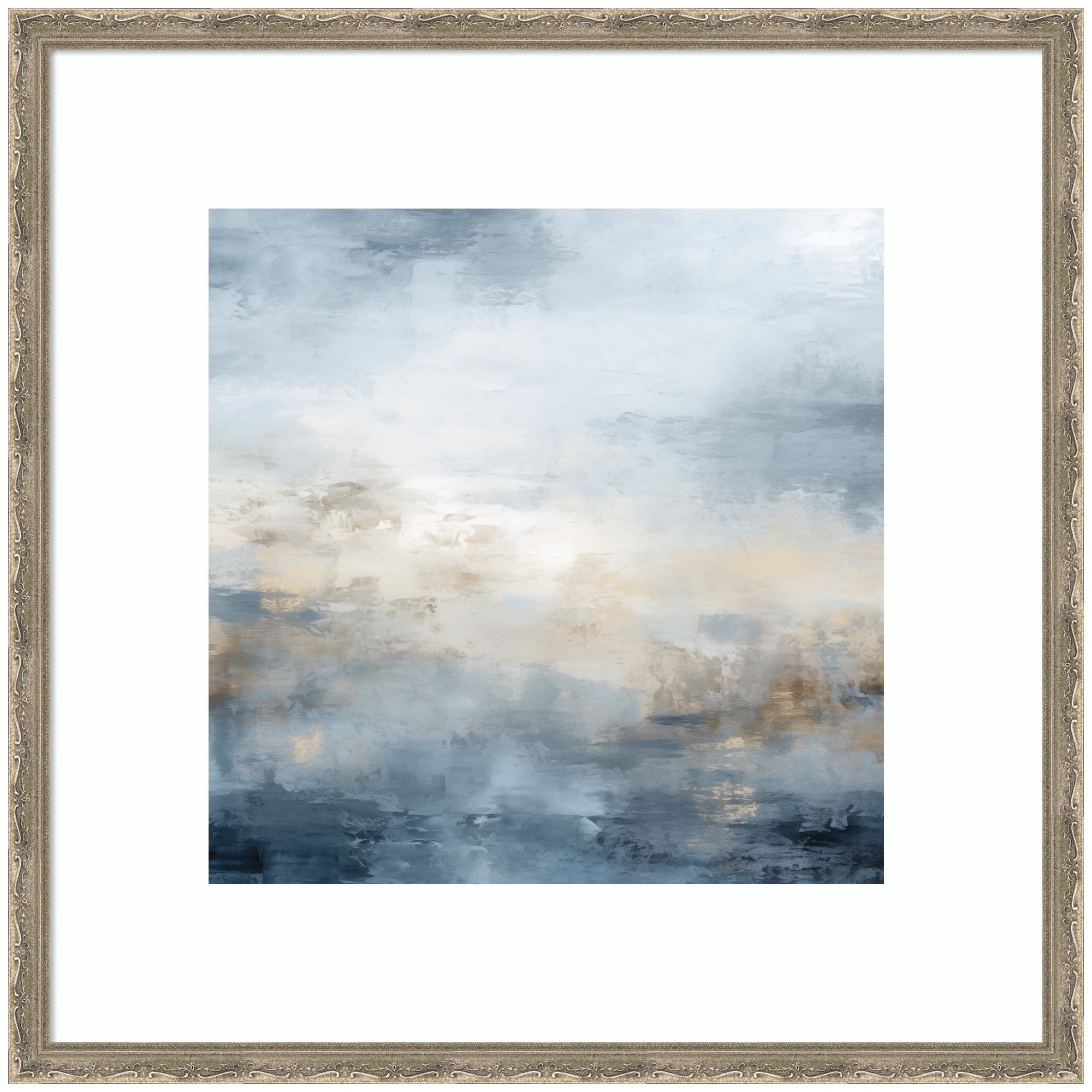 Framed abstract wall art in tones of blue with oceanic shapes and subtle nautical hints, displayed on a wall