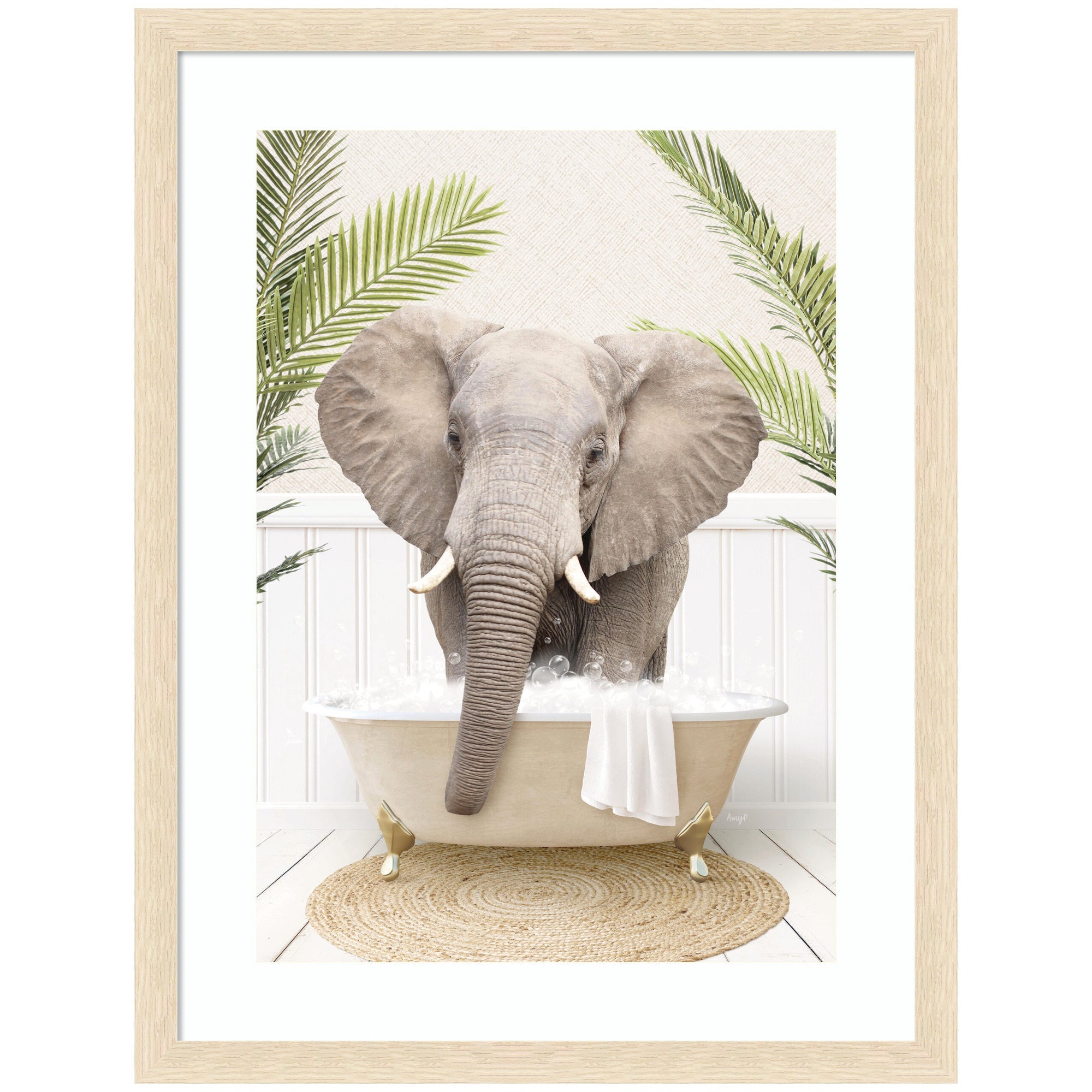 Elephant Front Palm Bathtub framed wall art print by Amy Peterson showing a stylized elephant and palm motif
