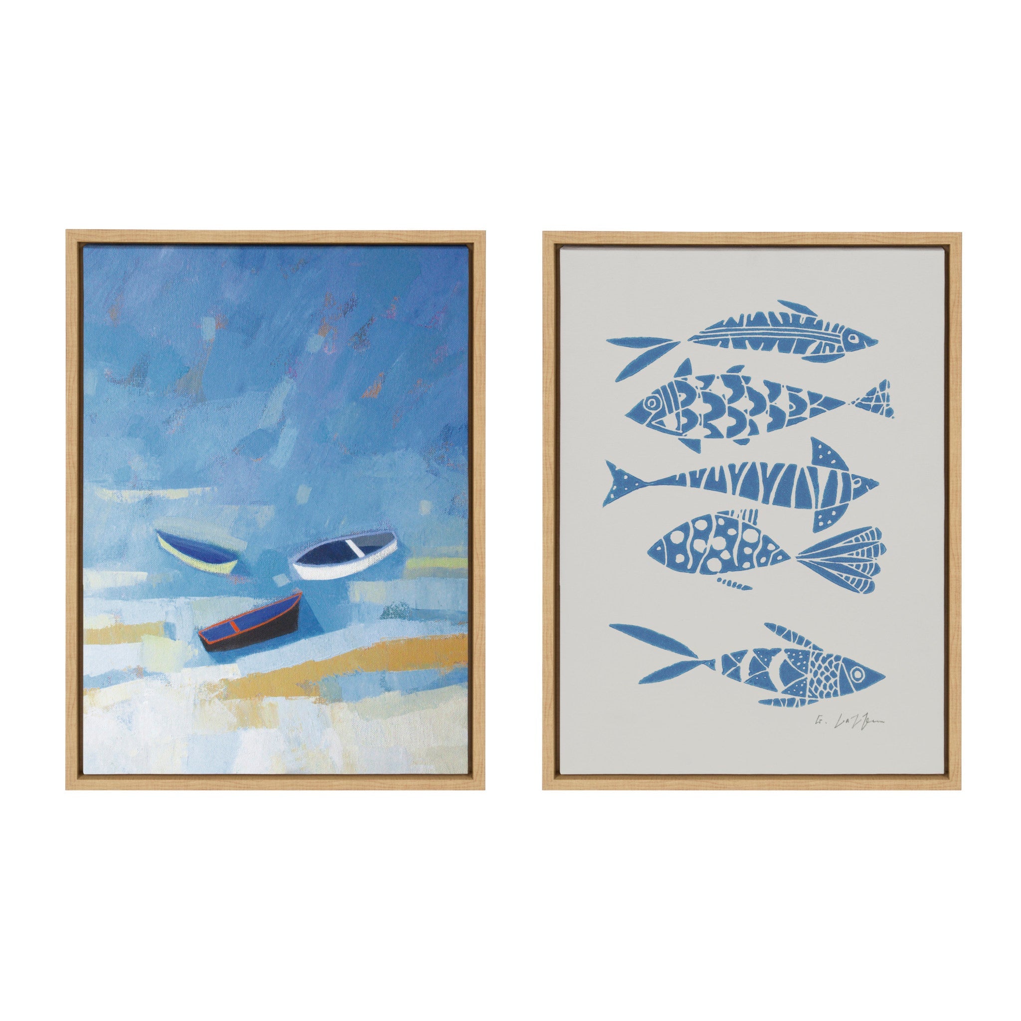 Sylvie Golden Dunes and Fishes Blue on Beige framed canvas art set by Giuliana Lazzerini showing coastal illustrations in blue and beige tones