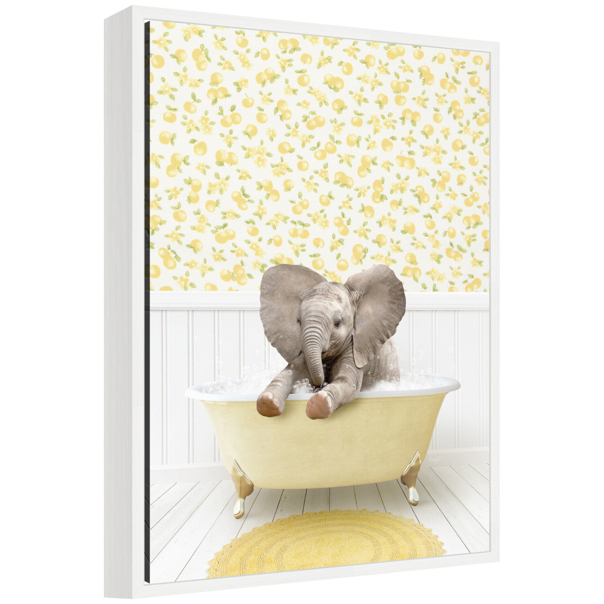 Framed canvas art of a Sylvie baby elephant in a yellow bathtub by Amy Peterson