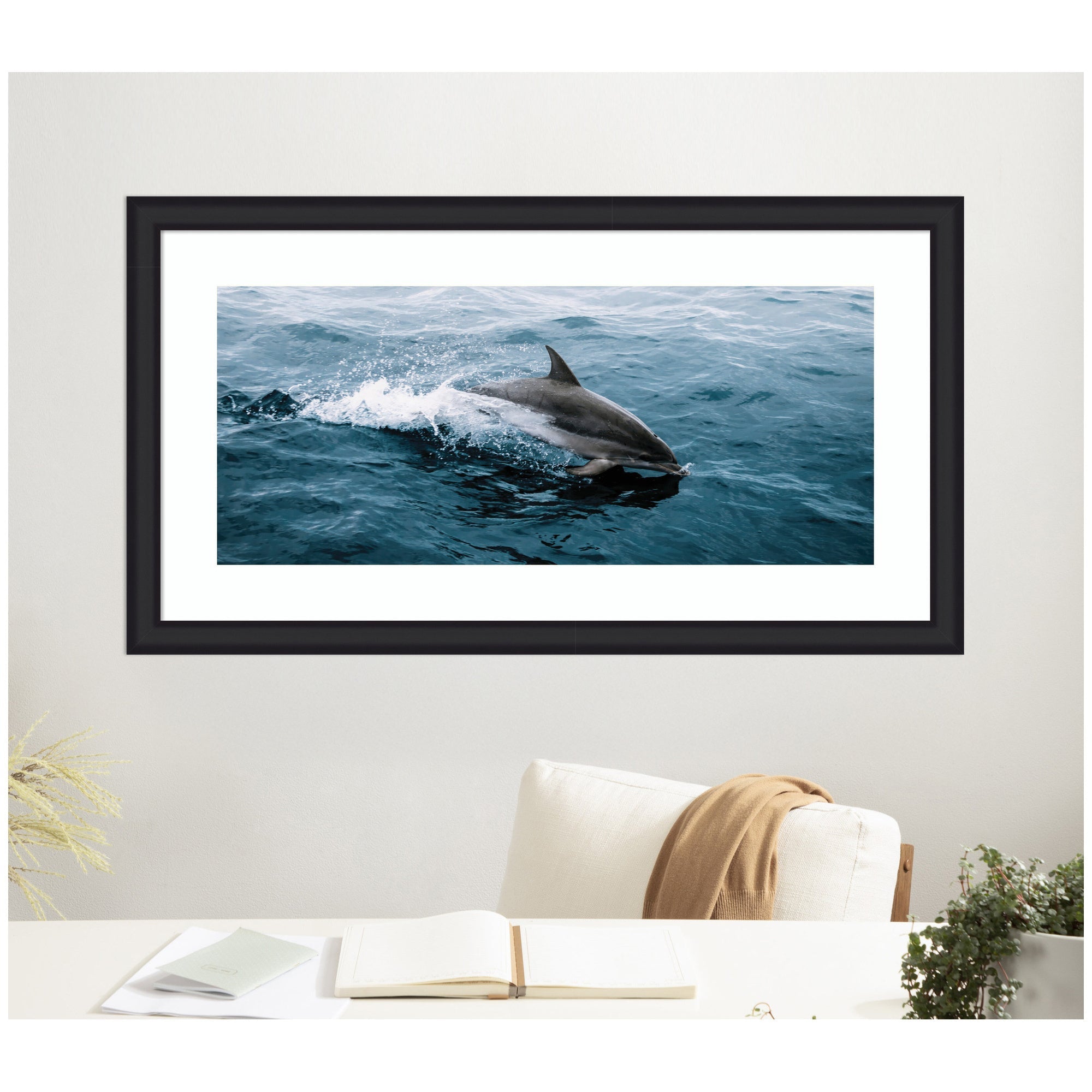 Framed Art Dolphin Skipping along in the Ocean Panel by Michael Schauer
