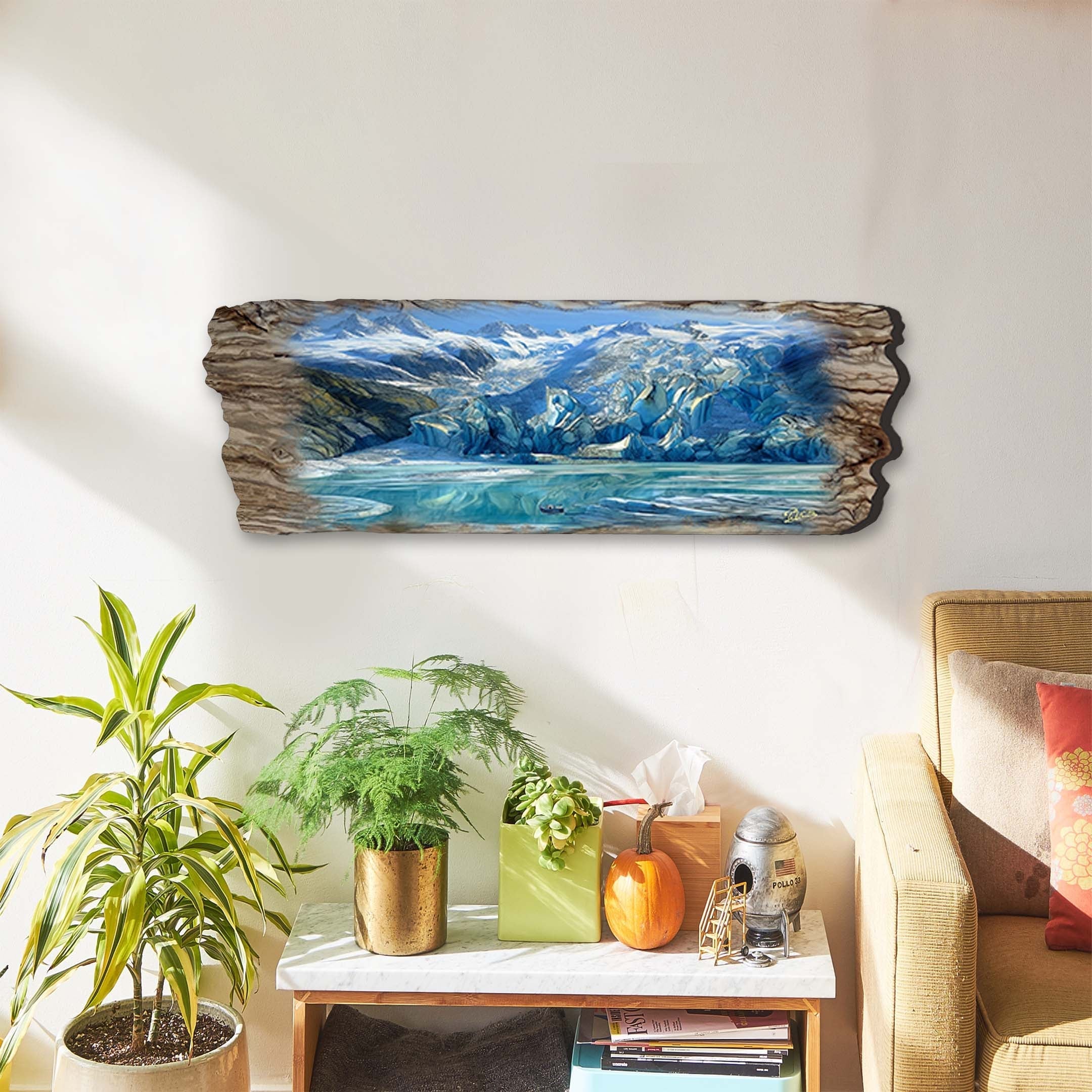 Majestic Glacier Wooden Wall Art showing a glacier and ship scene
