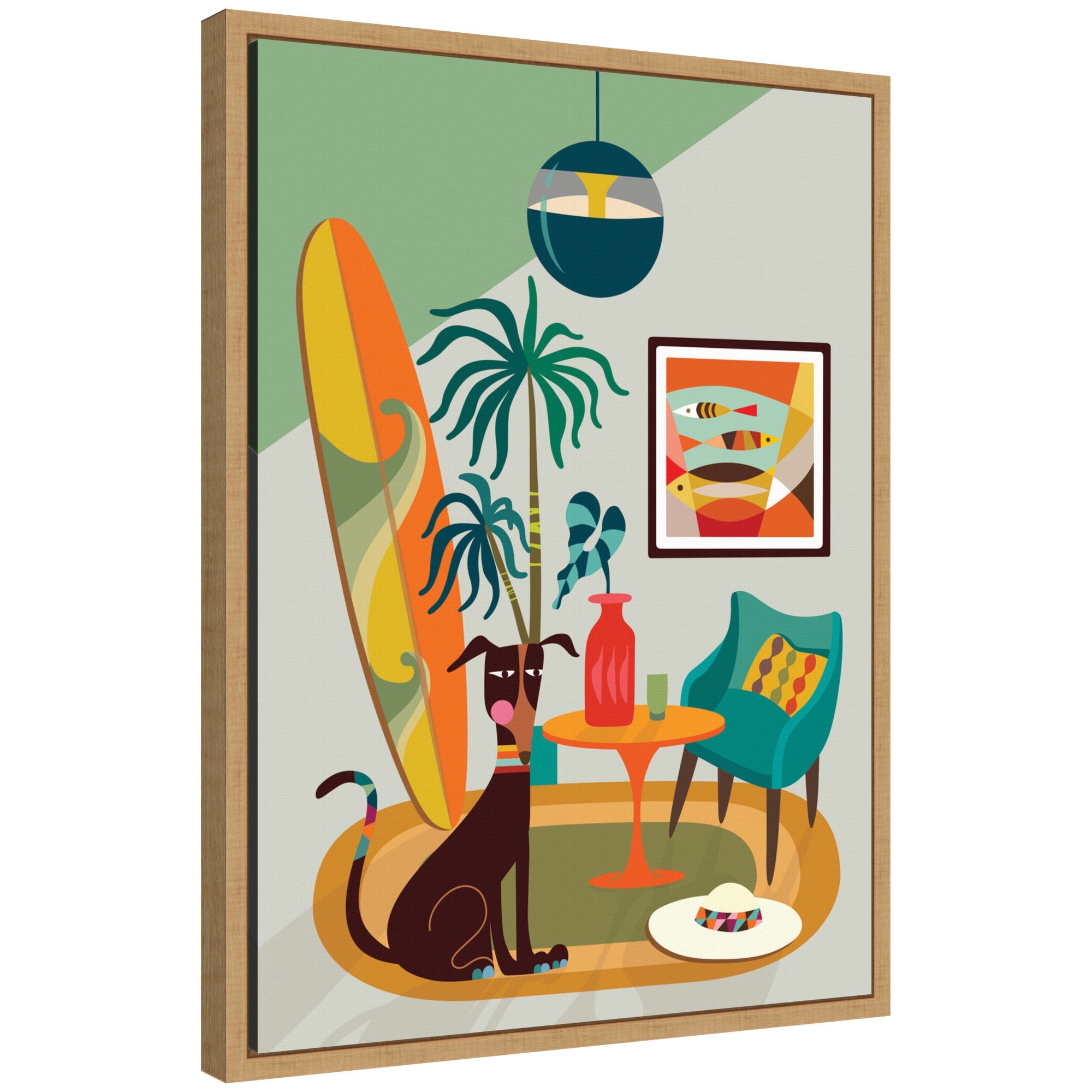 Sylvie MCM Dog Beach Home colorful dog art framed canvas by Rachel Lee
