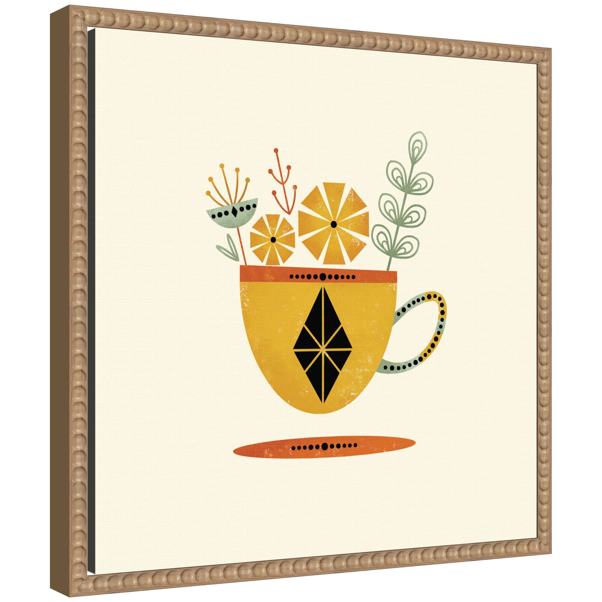 Framed abstract canvas art showing a yellow cup shape by Amber Leaders in a vintage beaded frame.