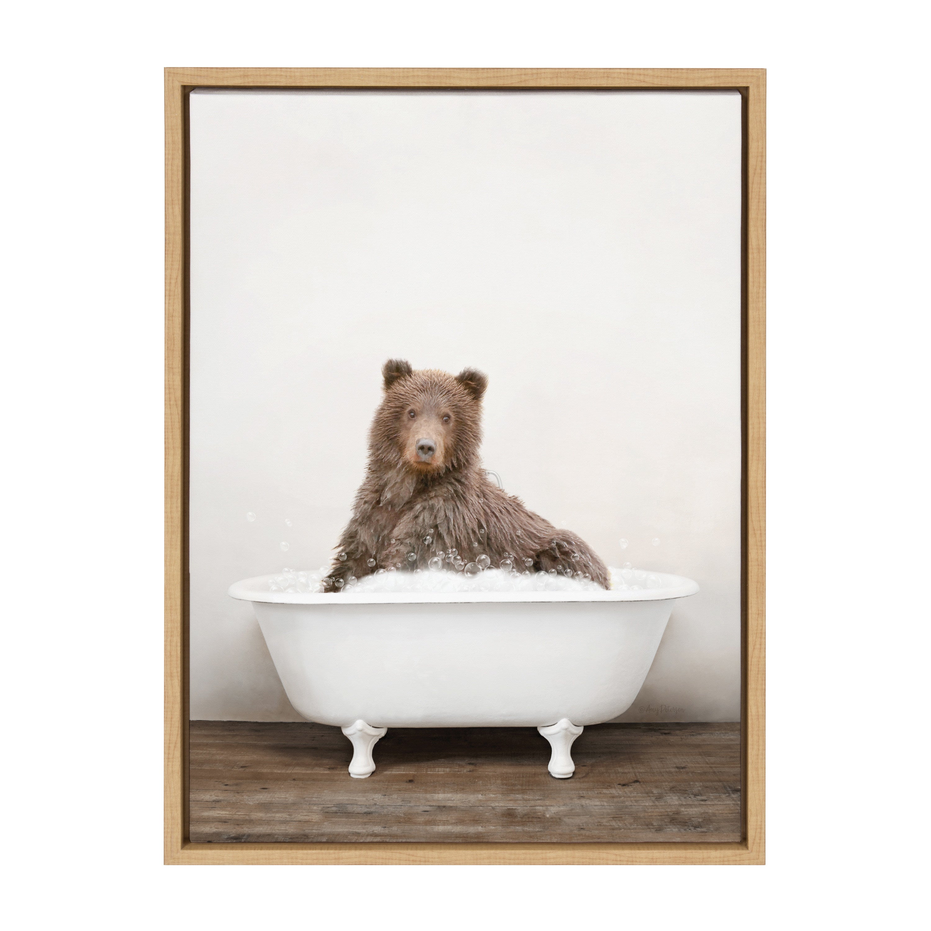 Sylvie Bear Rustic Bubble Bath Framed Canvas