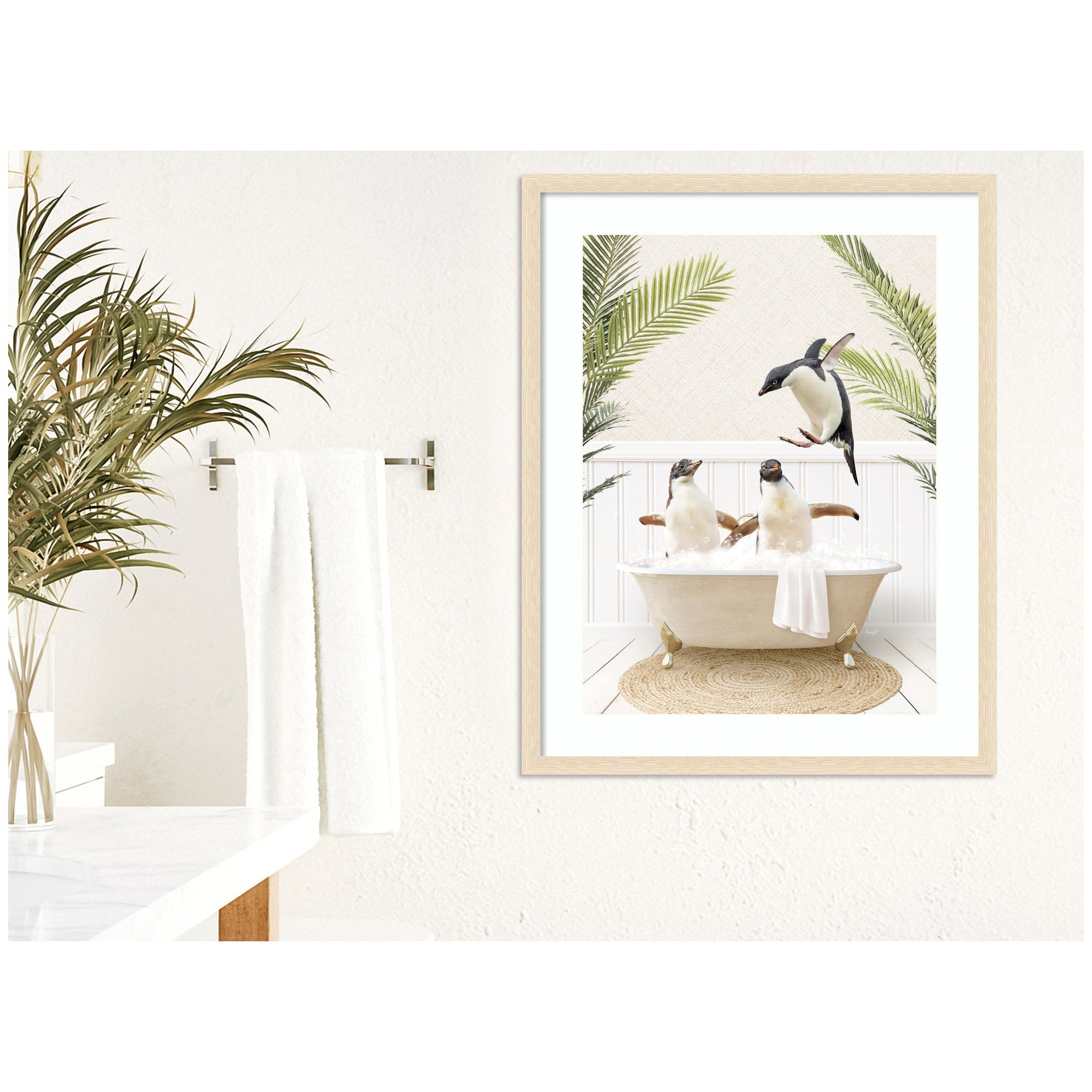 Penguins in Palms Bath by Amy Peterson Framed Wall Art Print