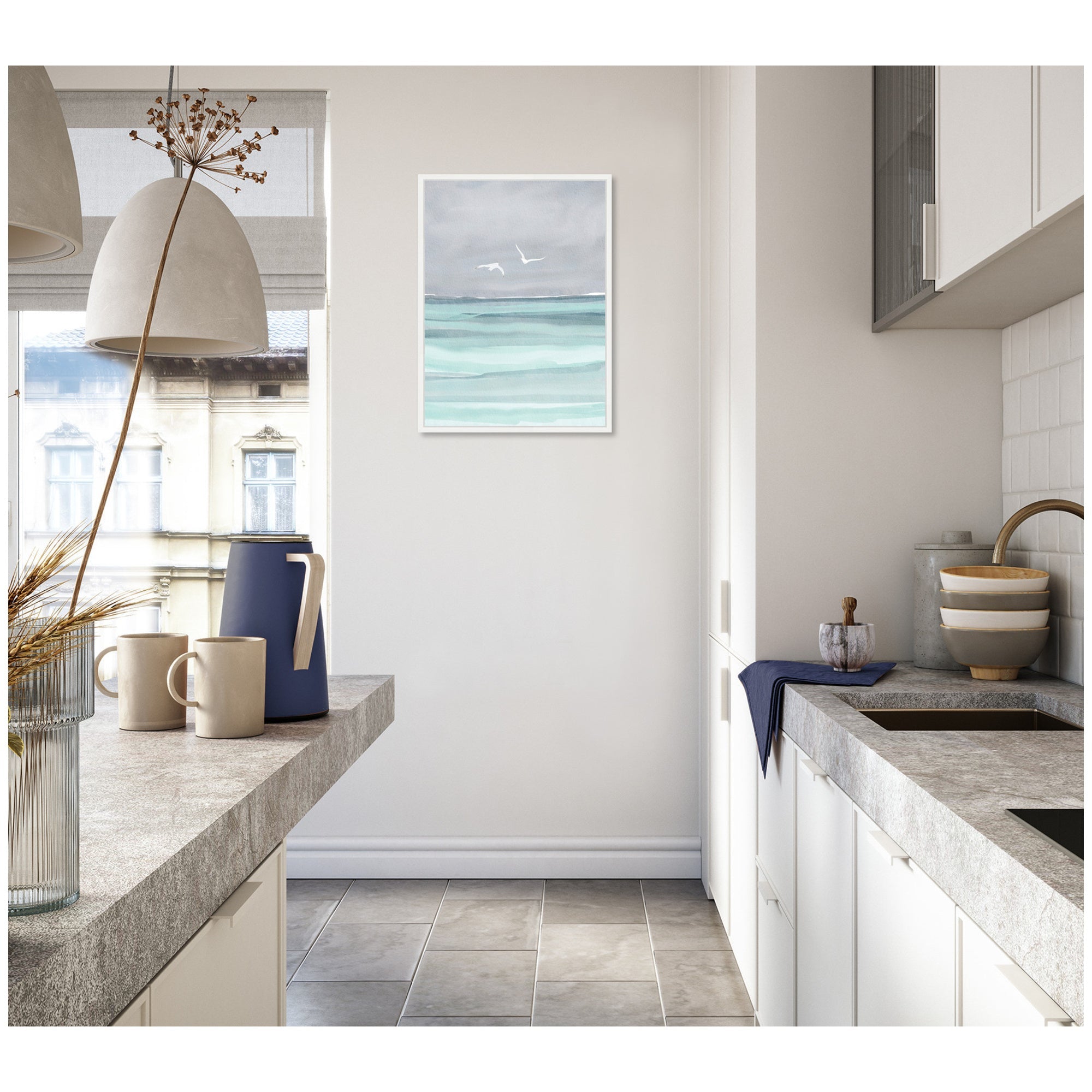 Sylvie Sea and Seagulls Framed Canvas by Nikita Jariwala