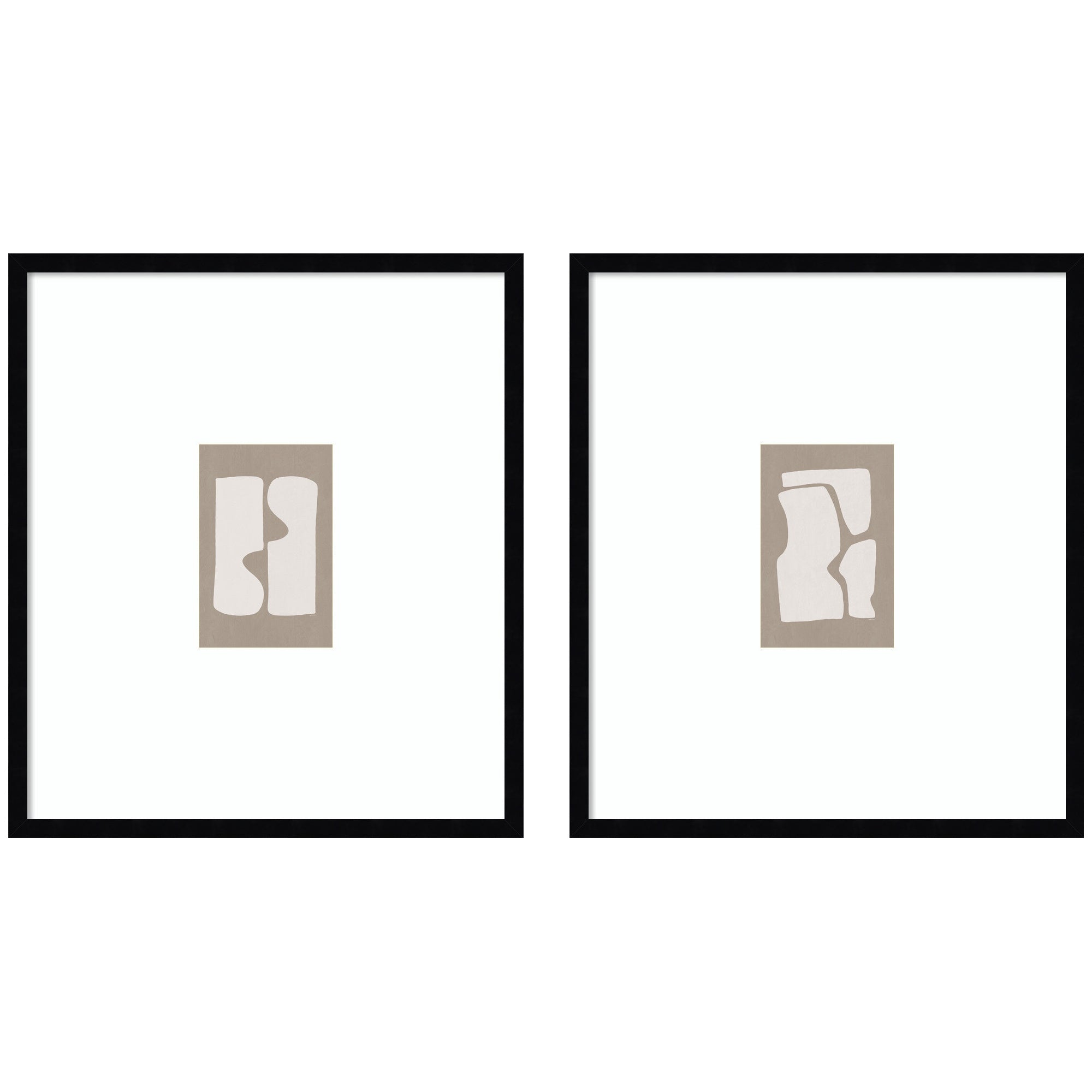 Two framed wall art prints titled Organic Figures 01 & 02 by Gabrielly Guedes in svelte noir black frames displayed side by side