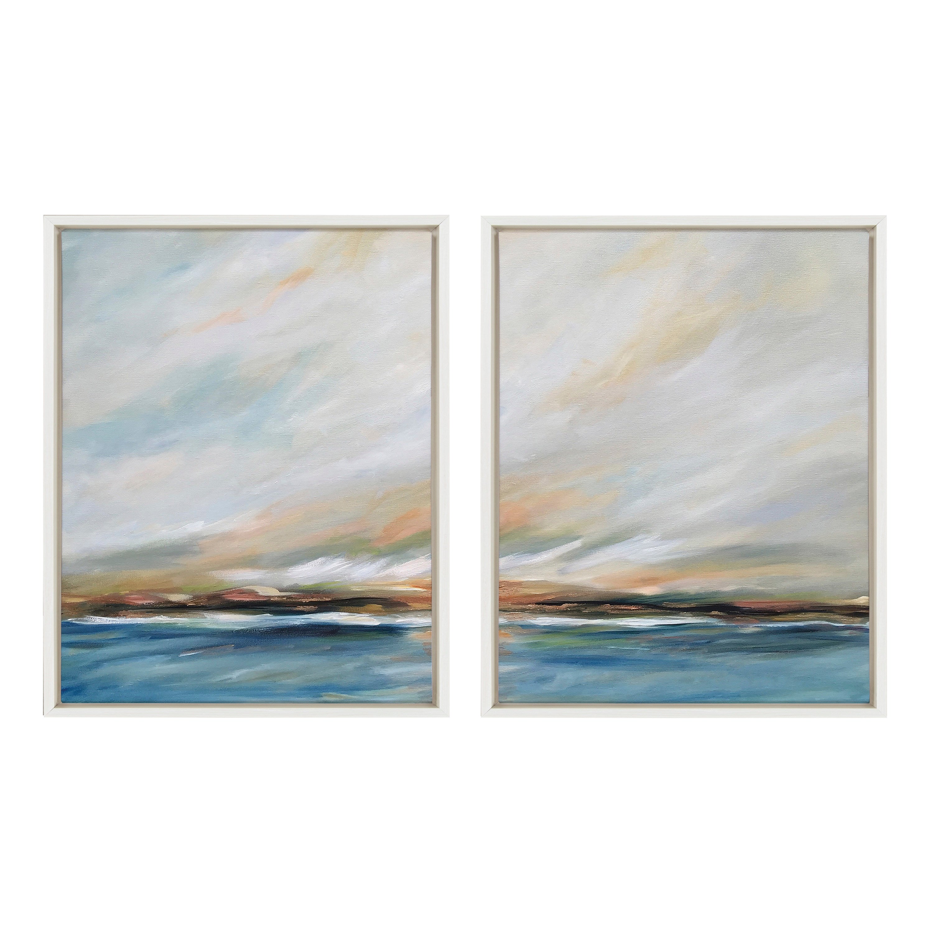 Sylvie Sunday Morning framed canvas art set by Mary Sparrow showing two canvases with a relaxed figure in warm tones in floating polystyrene frames.