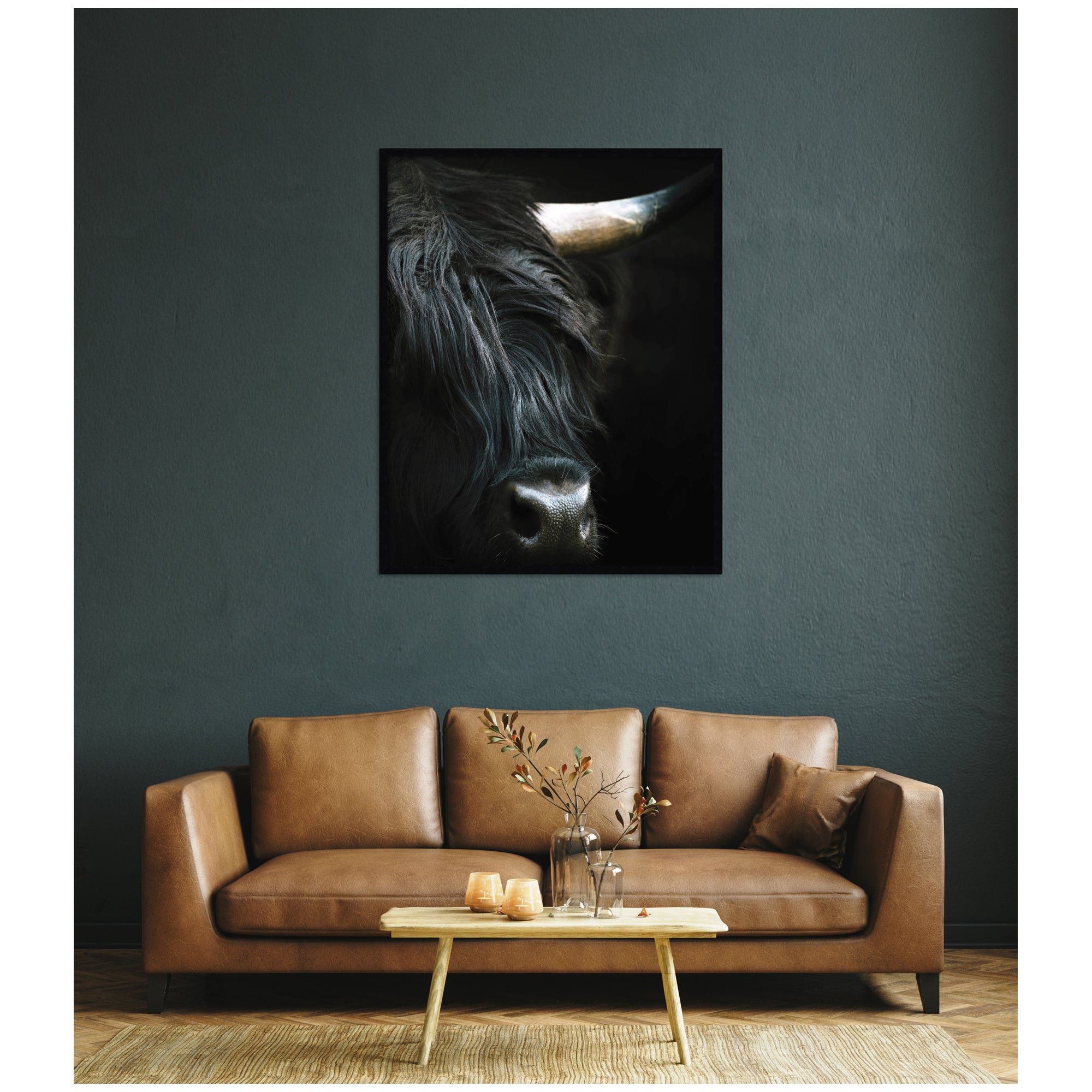 Minimalist Black Highland Cow Close by Michael Schauer Framed Wall Art Print