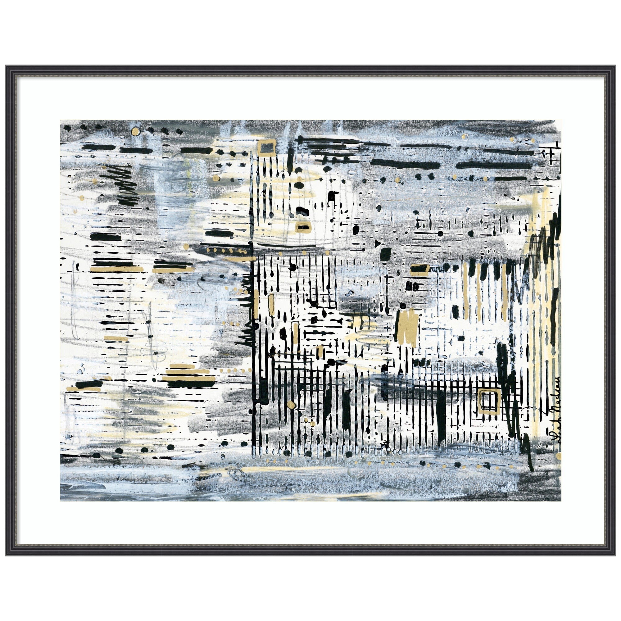 Framed Art Brooklyn Bridge Horizontal by Leah Nadeau showing monochrome geometric abstract with gold accents