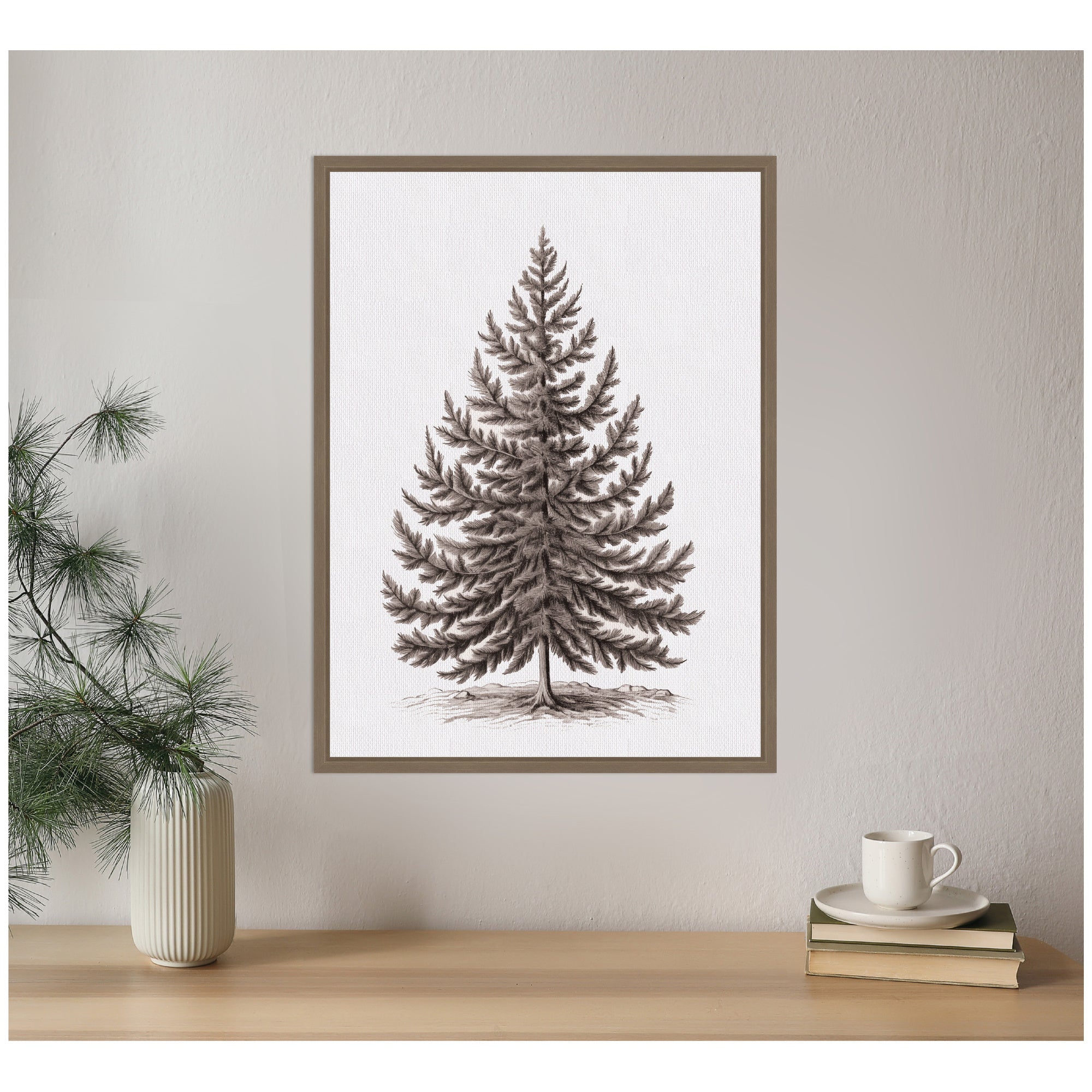 Sylvie Framed Canvas Vintage Evergreen Fir Tree Illustration I