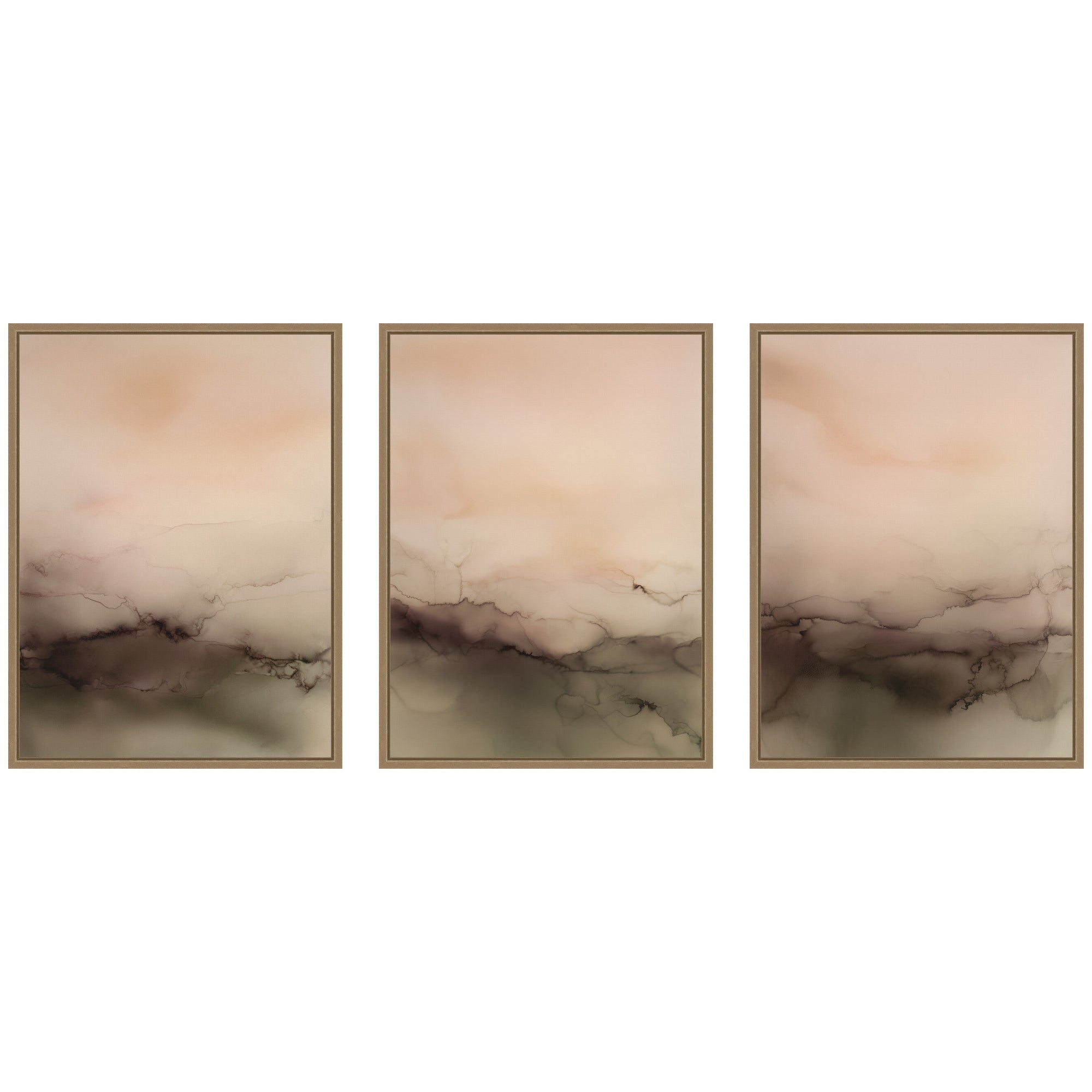 Three framed canvas art pieces titled Dawn No.
1, No.
2, and No.
3 by Amy Lighthall hung on a neutral wall