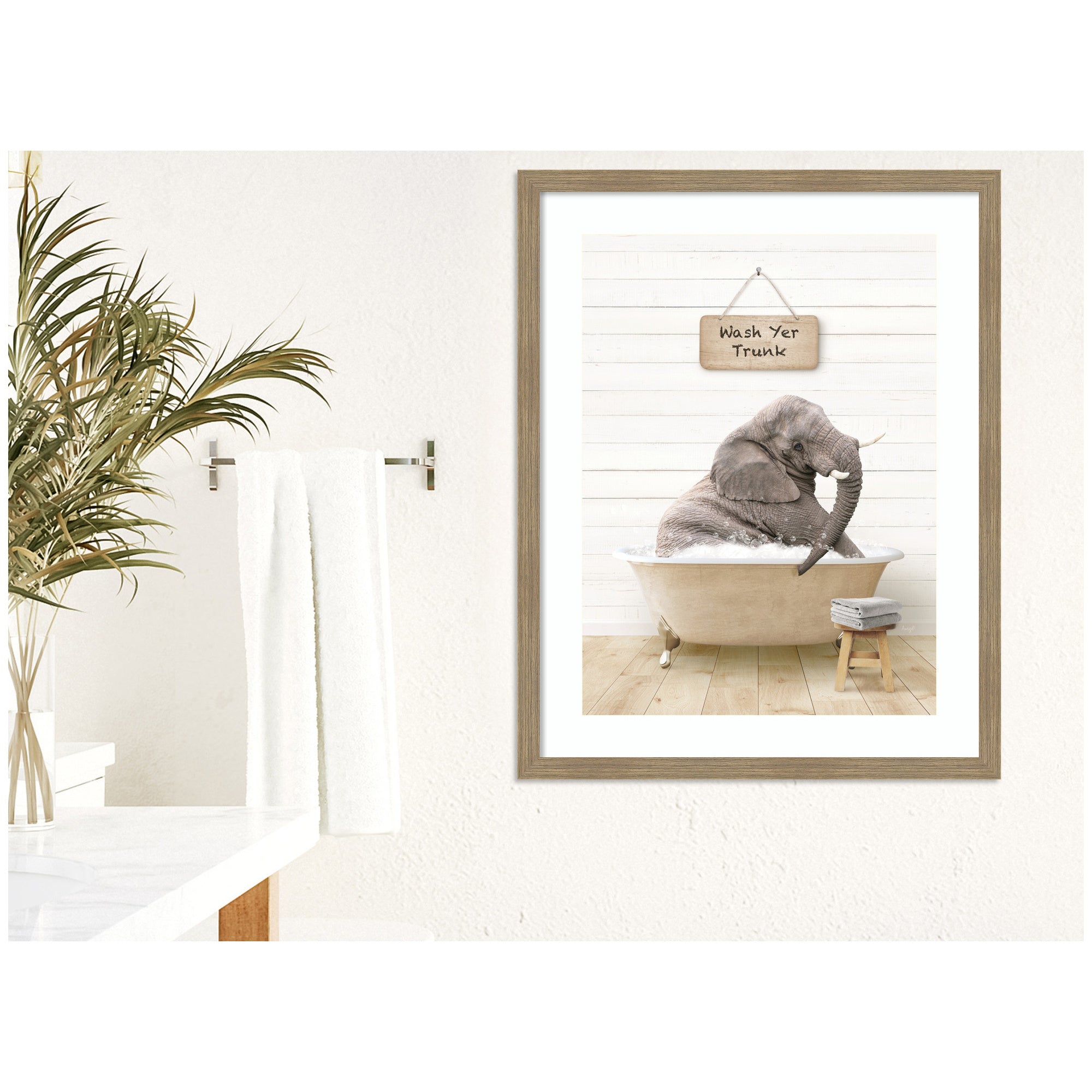 Young Elephant in Modern Bathtub Wash Your Trunk by Amy Peterson Framed Wall Art Print