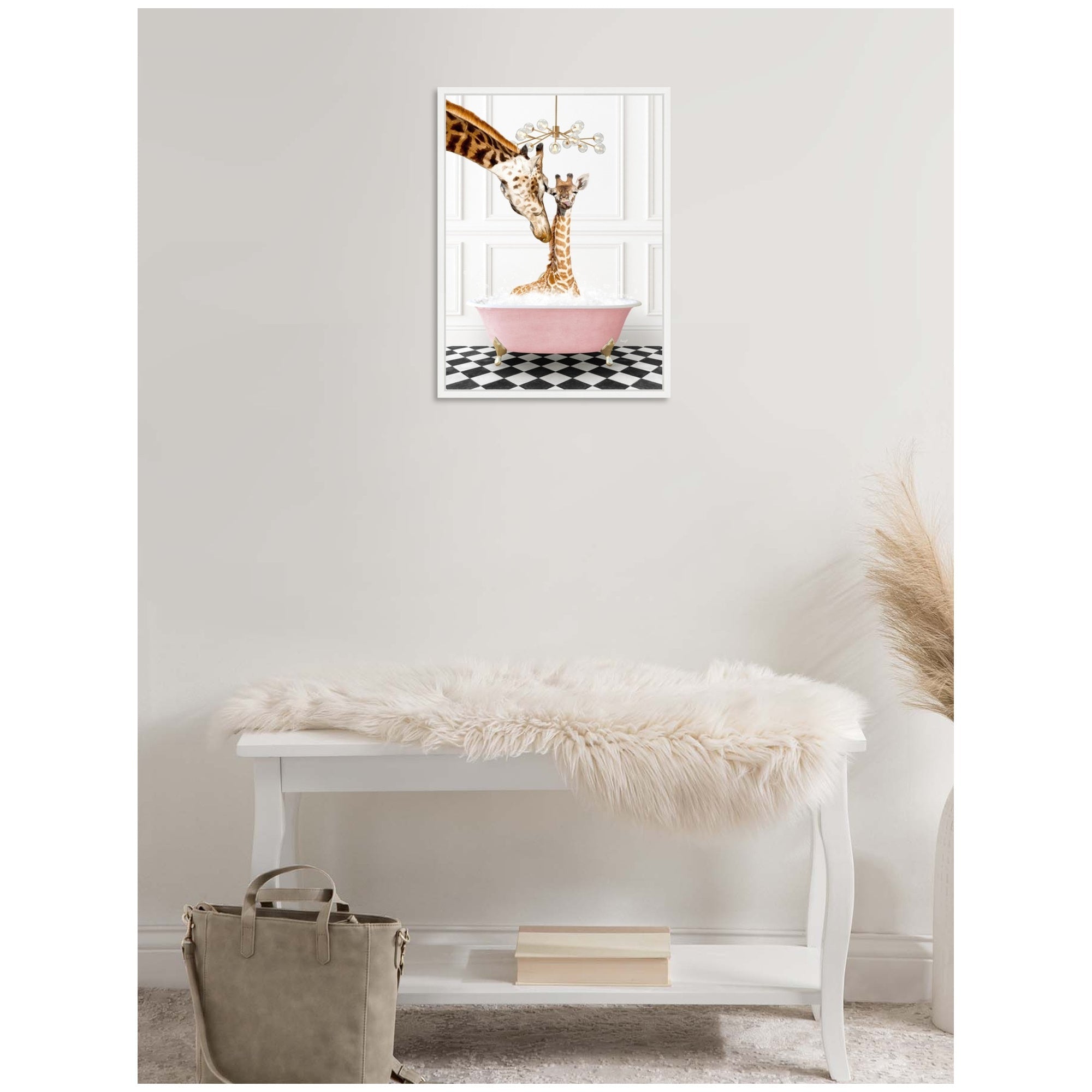 Sylvie Mother and Baby Giraffe in Pink Bathtub on Checker Floor Framed Canvas by Amy Peterson