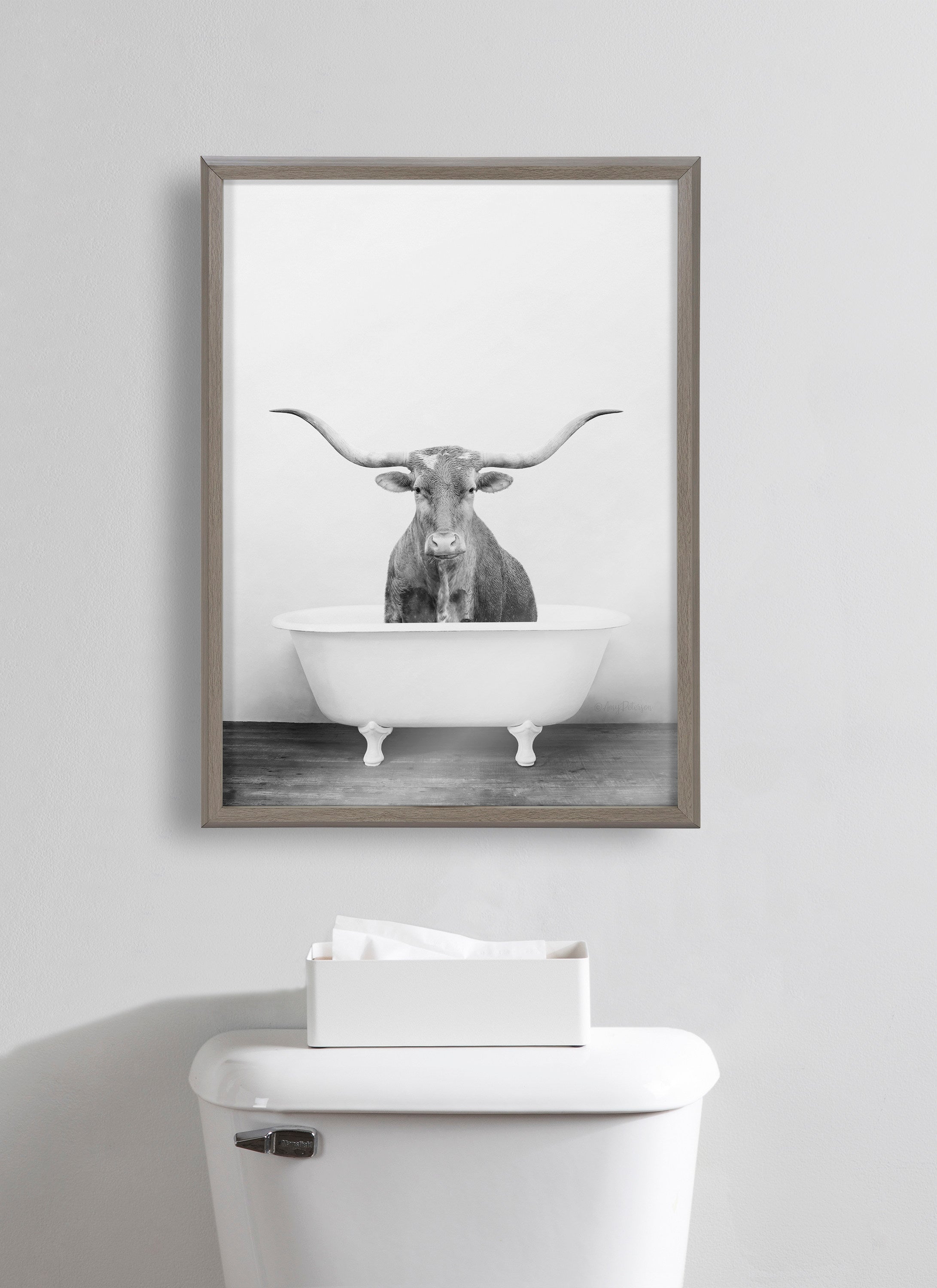 Blake Longhorn BW Bathroom Framed Printed Glass by kateandlaurel - product image 7 for Resin Society