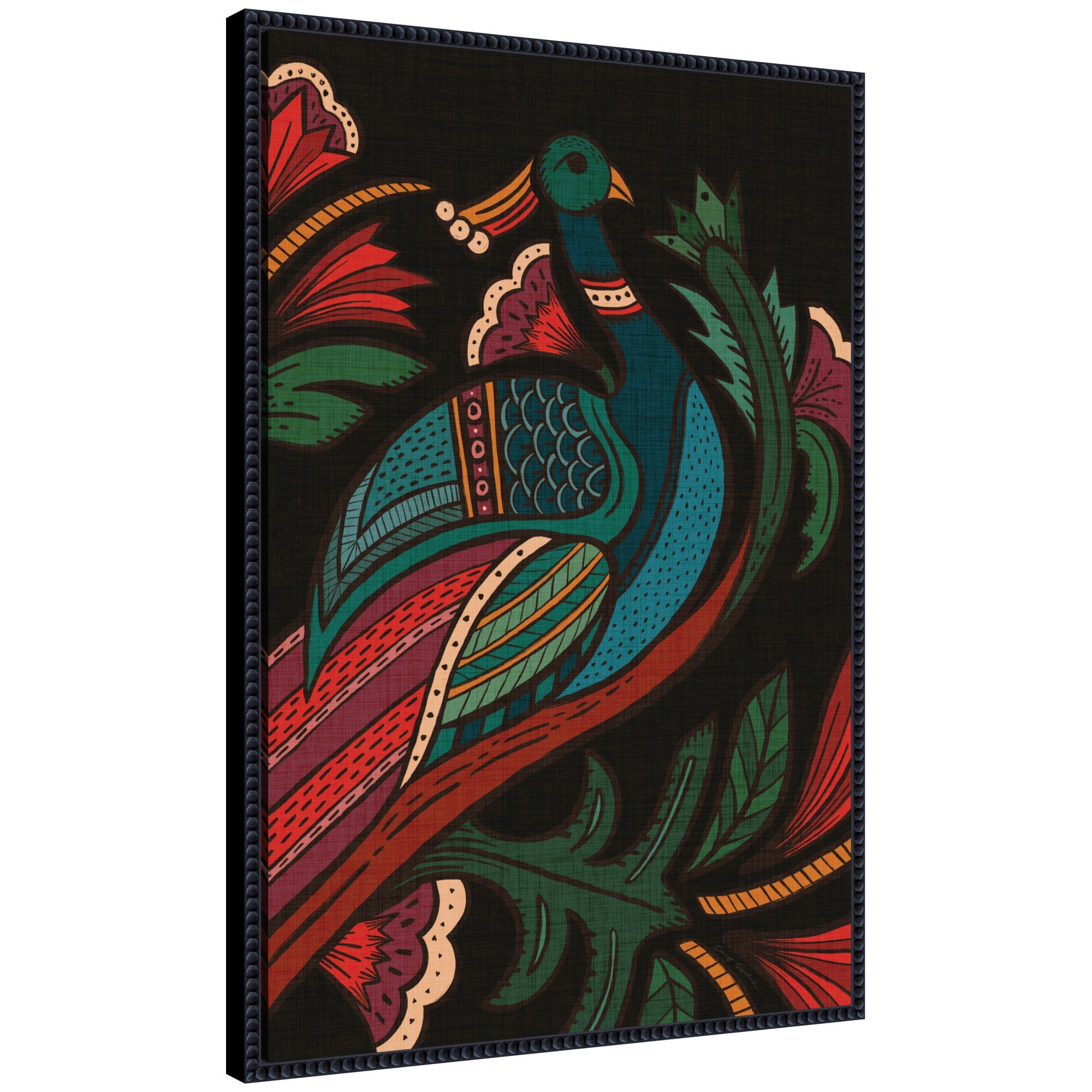 Sylvie Peacock framed canvas art featuring a detailed peacock image with vintage beaded frame