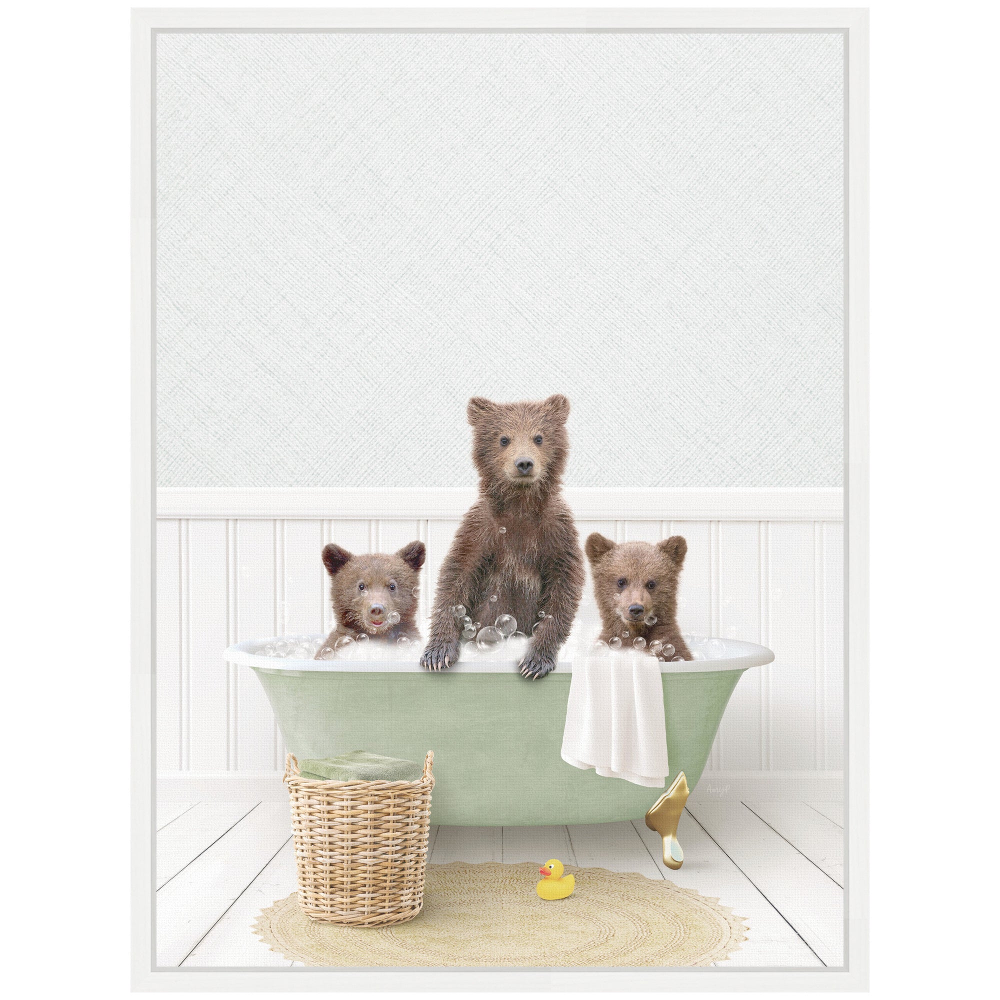 Sylvie Three Bear Cubs in Cottage Green Bath Framed Canvas by Amy Peterson
