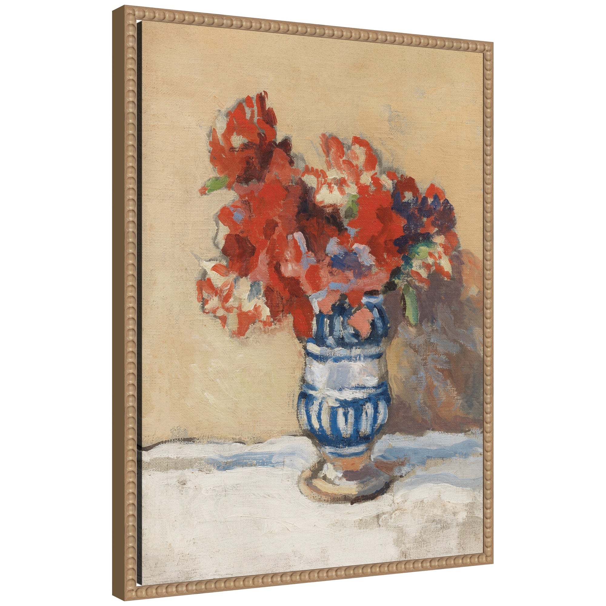 Framed canvas wall art of Flowers in a Blue Vase by Christopher Wood, showing bouquet of flowers in a blue vase, in a Sylvie Beaded wooden frame.