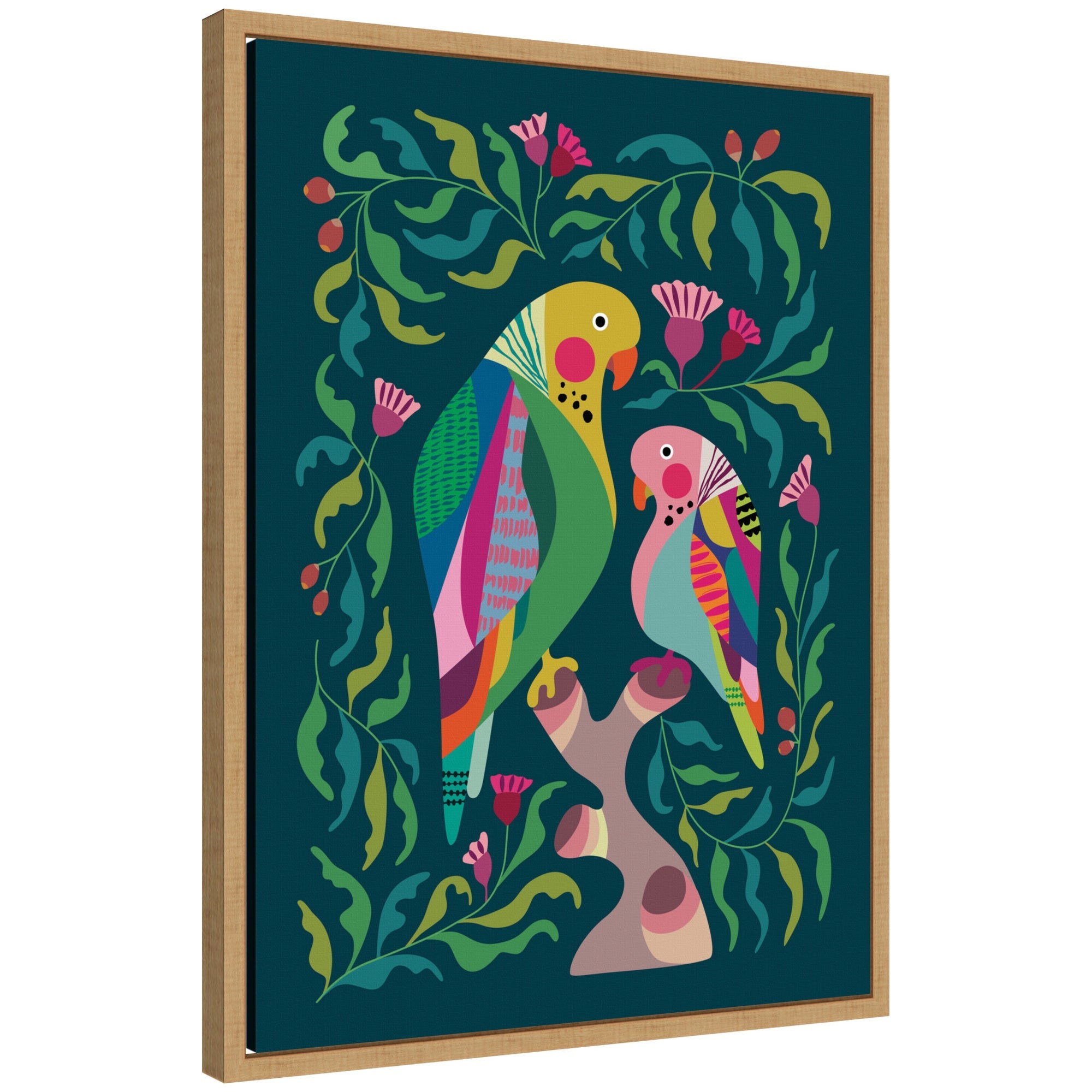 Budgies by Rachel Lee framed canvas wall art featuring colorful birds on branches in natural Sylvie frame