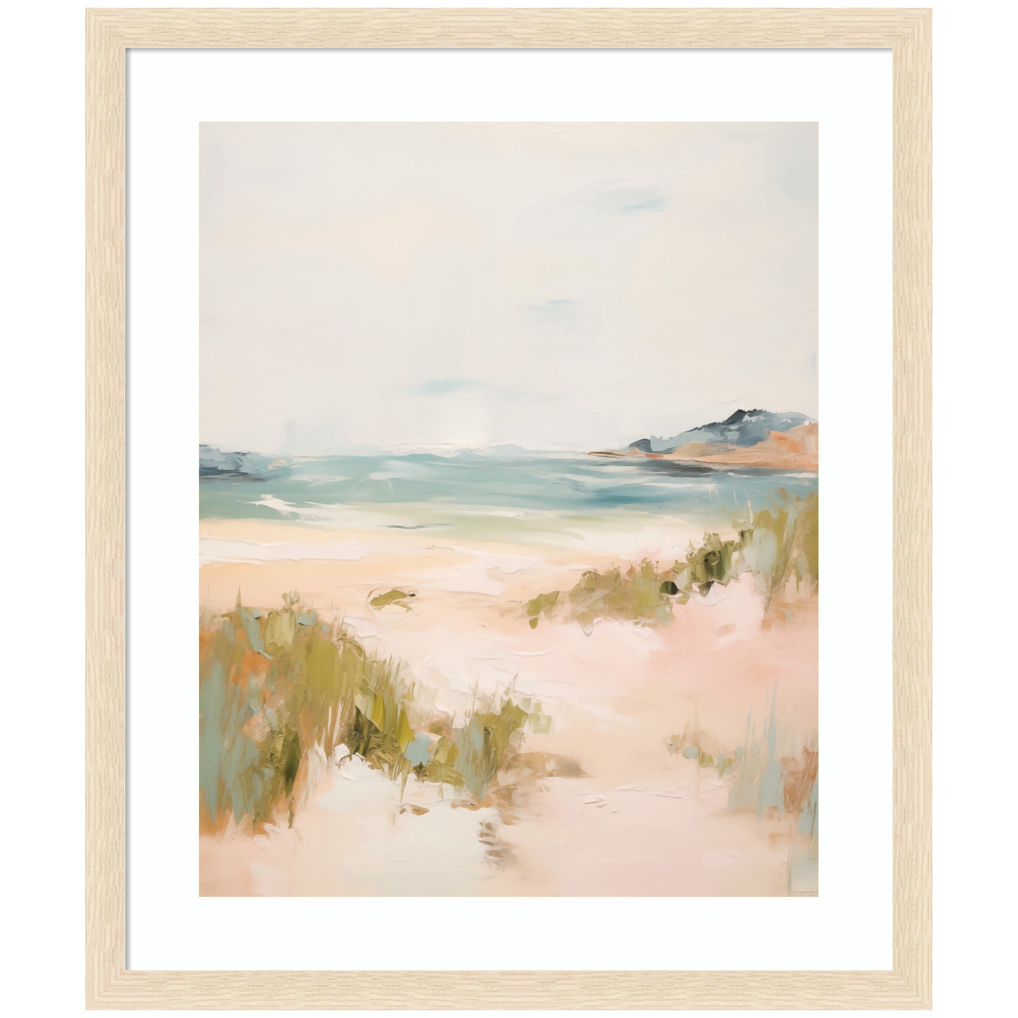 Framed wall art print titled Tranquil Landscape V expansion by Amy Lighthall with a woodgrain stripe blonde frame.