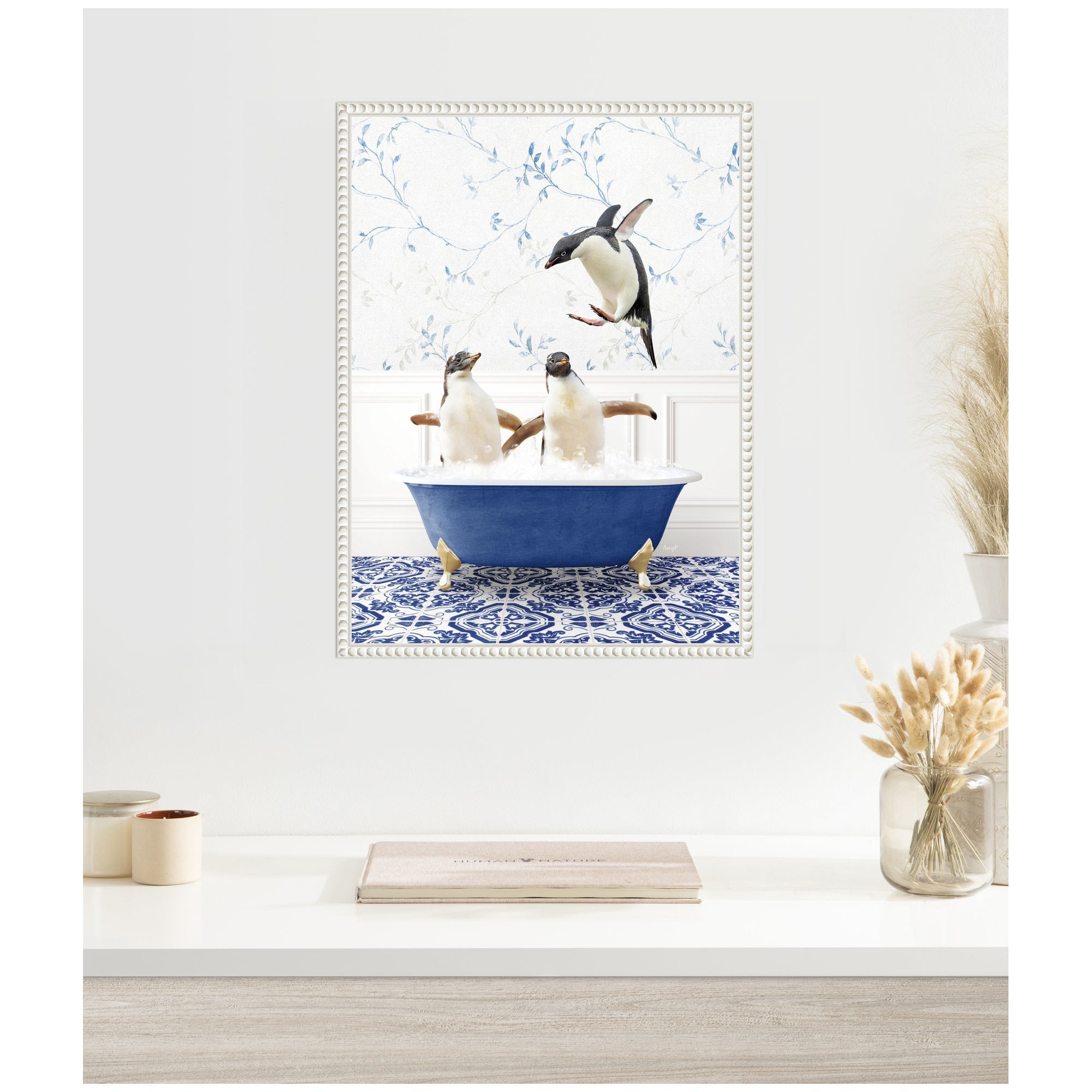 Sylvie Penguins in Eclectic Blue Bath Framed Canvas by Amy Peterson