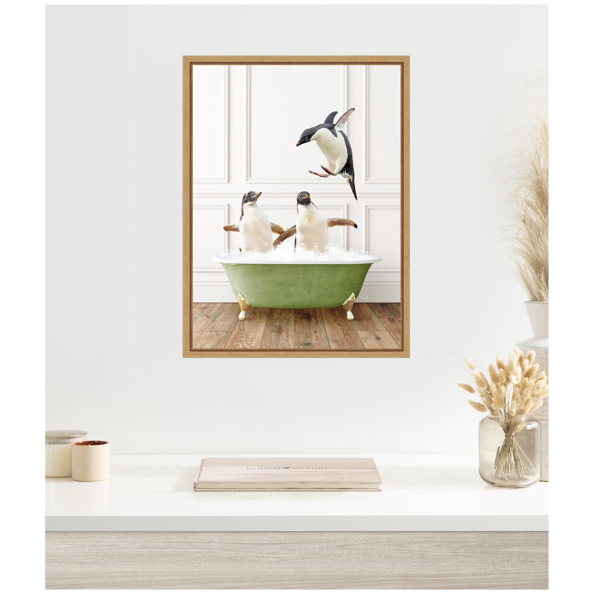 Sylvie Penguins in Transitional Bathtub Framed Canvas by Amy Peterson