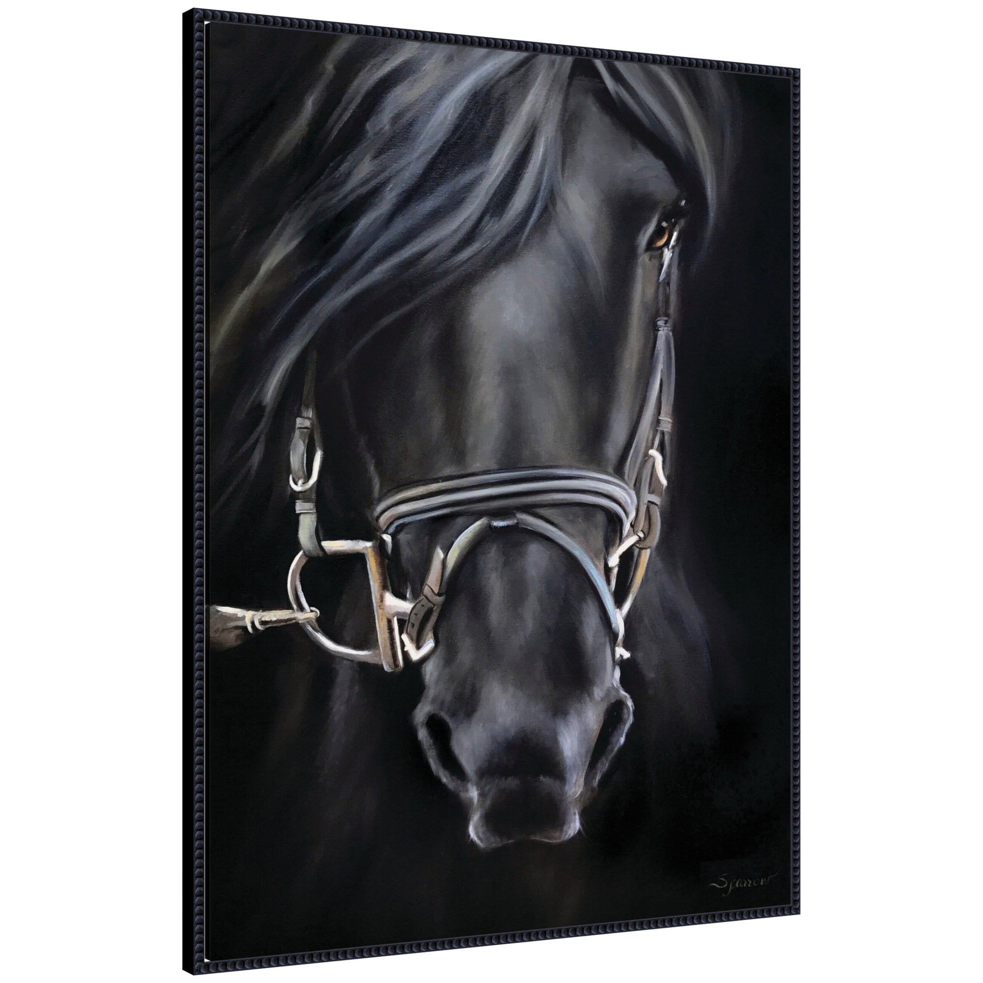 Ebony Splendor by Mary Sparrow Framed Canvas Wall Art Print depicting a black horse with ornate beaded black frame
