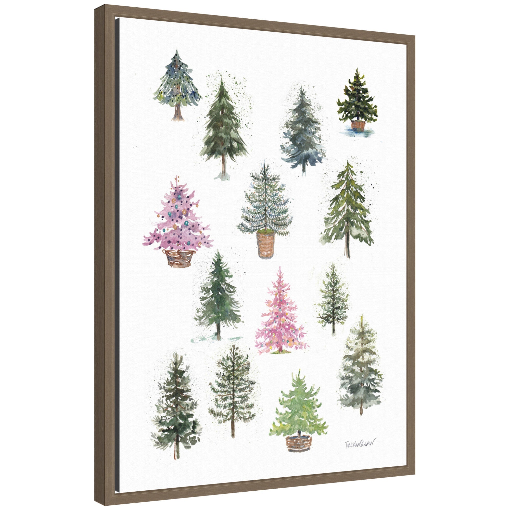 Framed canvas art of twelve tiny watercolor holiday trees with varied decorations by Patricia Shaw