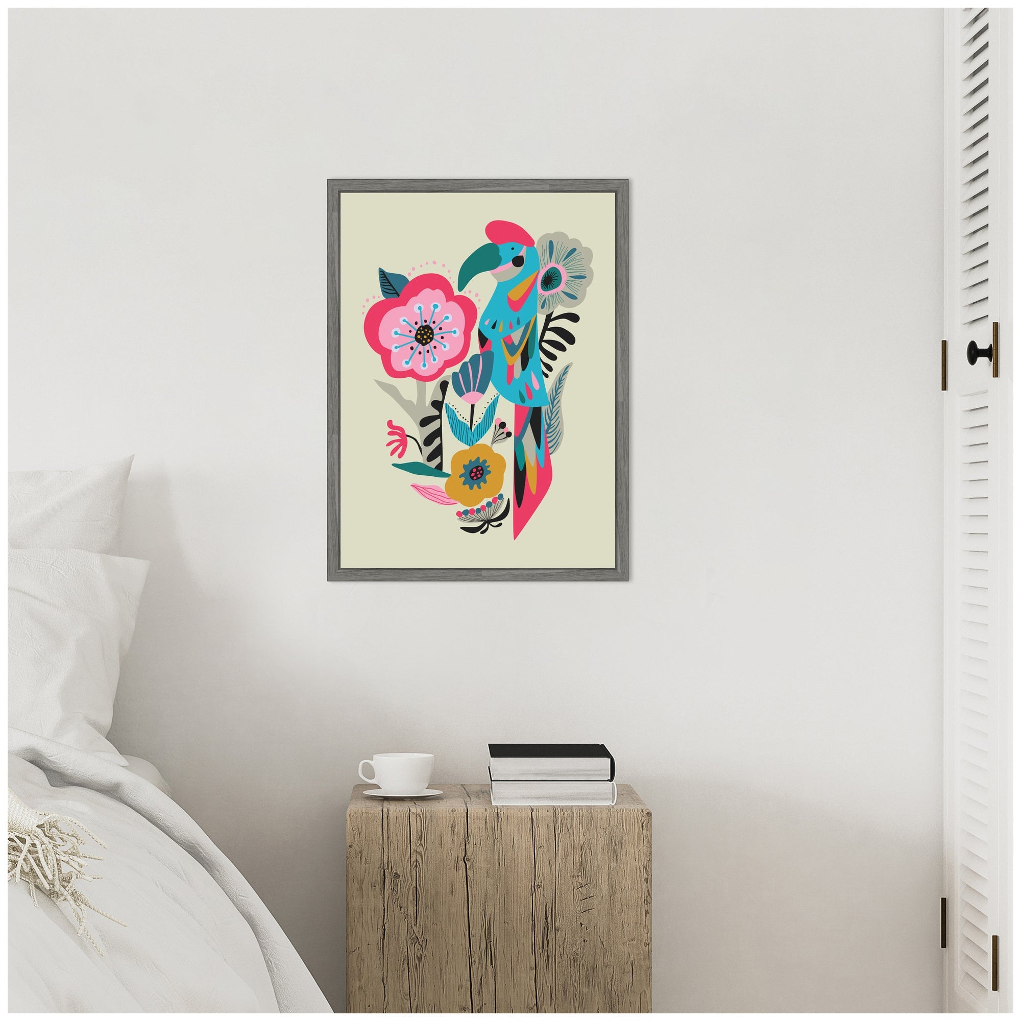 Sylvie Bright Teal and Pink Floral and Parrot Framed Canvas by Rachel Lee