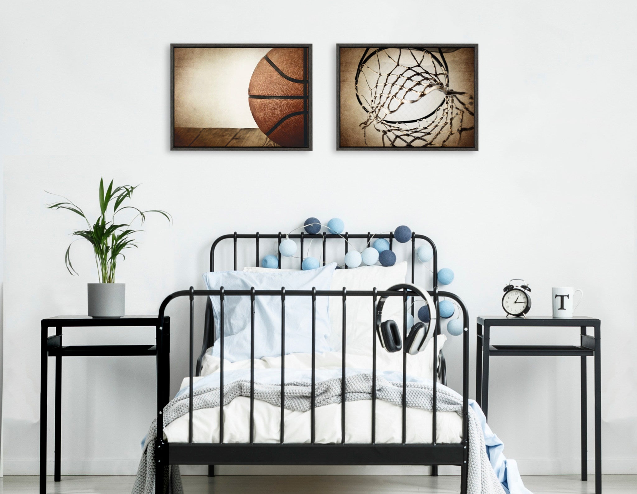 Sylvie Vintage Half Basketball and Vintage Basketball Net Framed Canvas Art Set