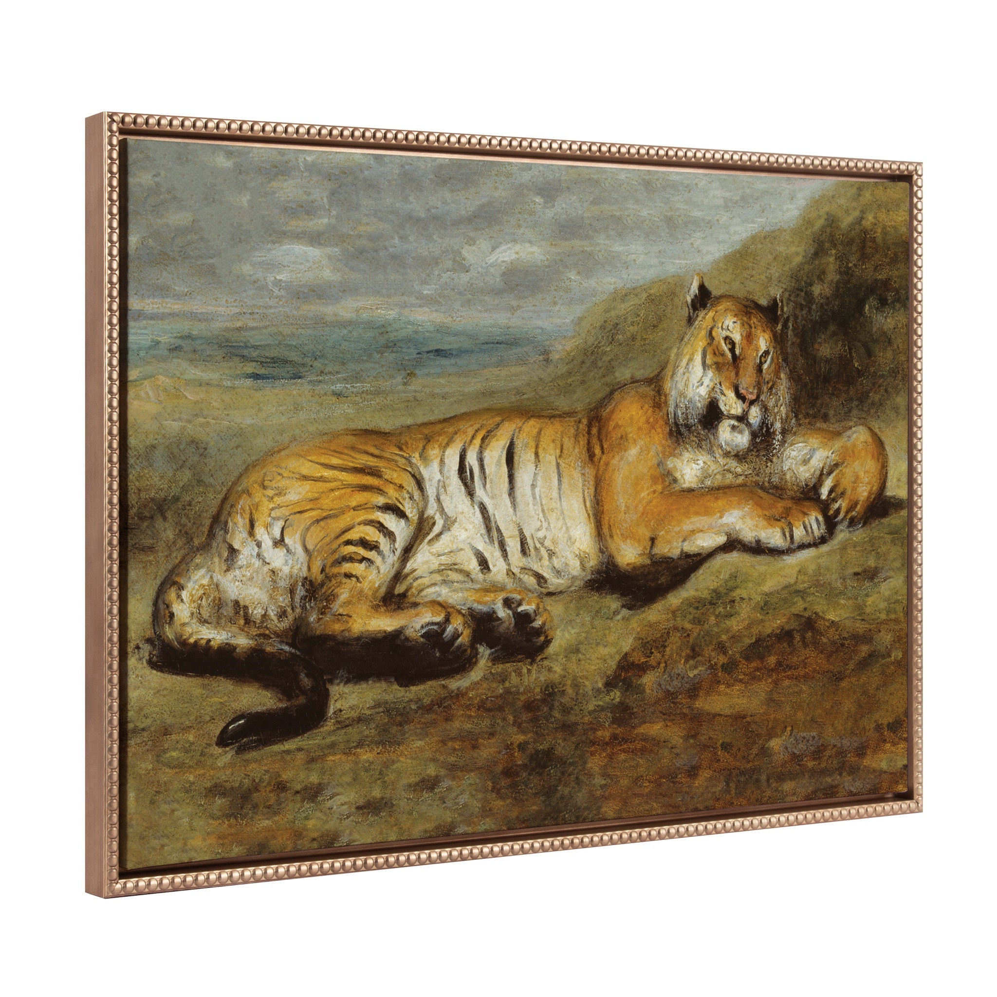 Sylvie Beaded Tiger Resting framed canvas art showing a resting tiger with gold vintage beaded frame