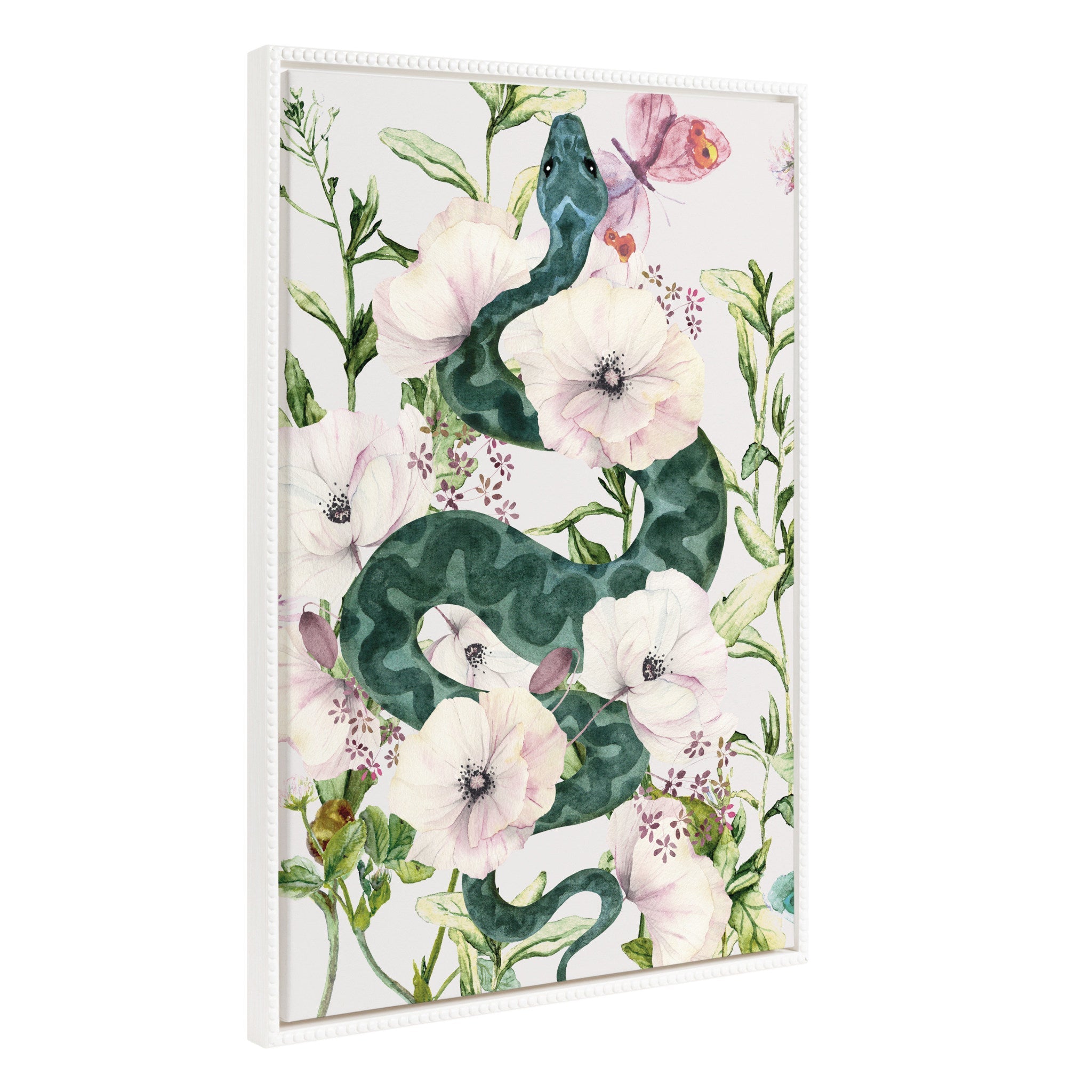 Sylvie Beaded Snake Floral framed canvas art showing a snake intertwined with colorful floral motifs in a vintage beaded white frame.